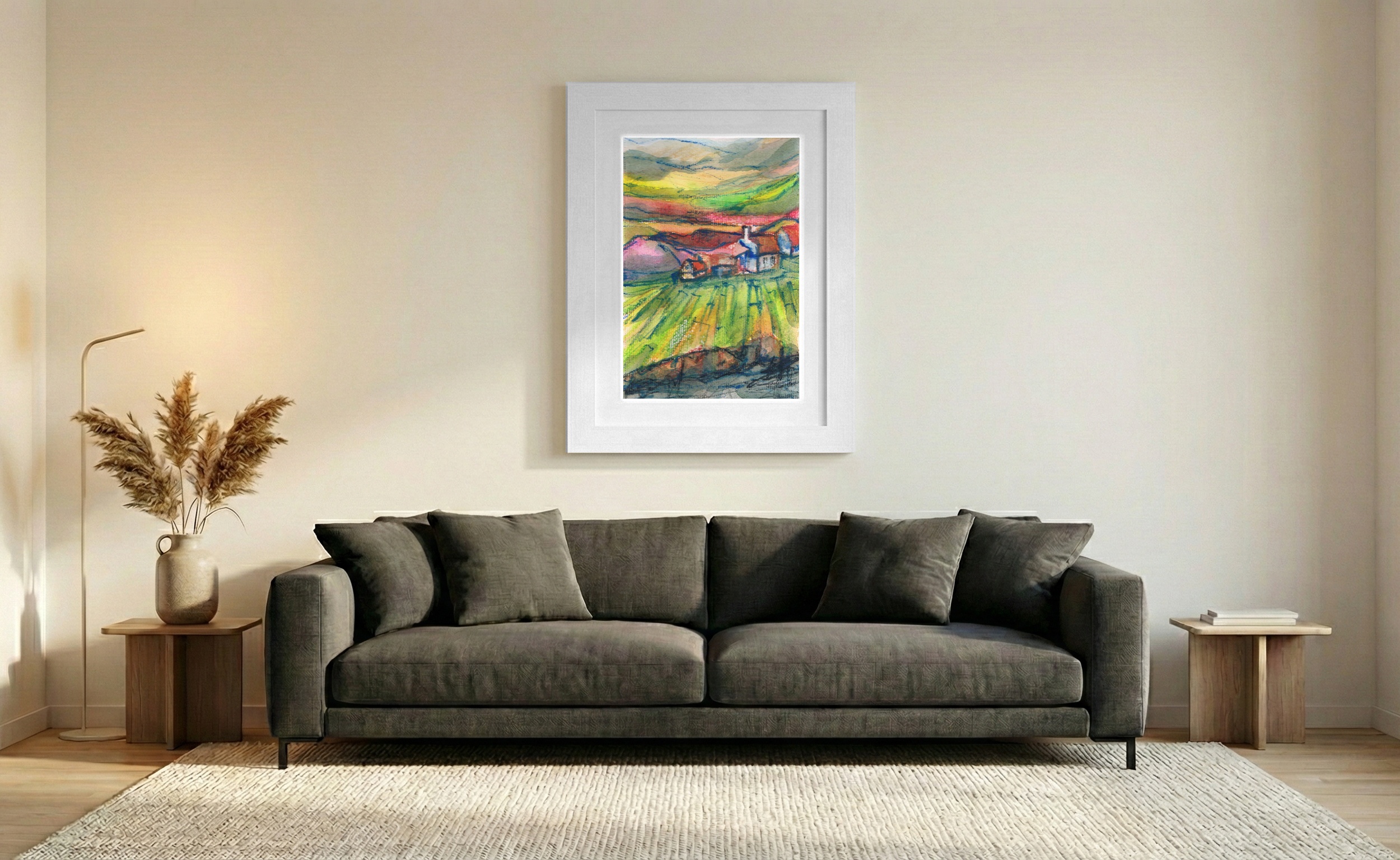 Rolling Green Hills Watercolor — art on the wall, room interior preview 2