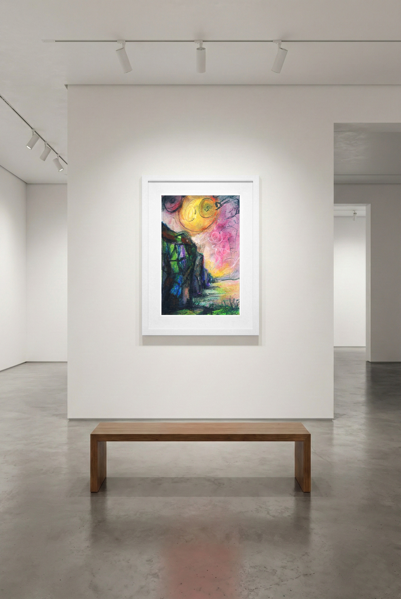 Bright Yellow Landscape with Pastels — art on the wall, room interior preview 2