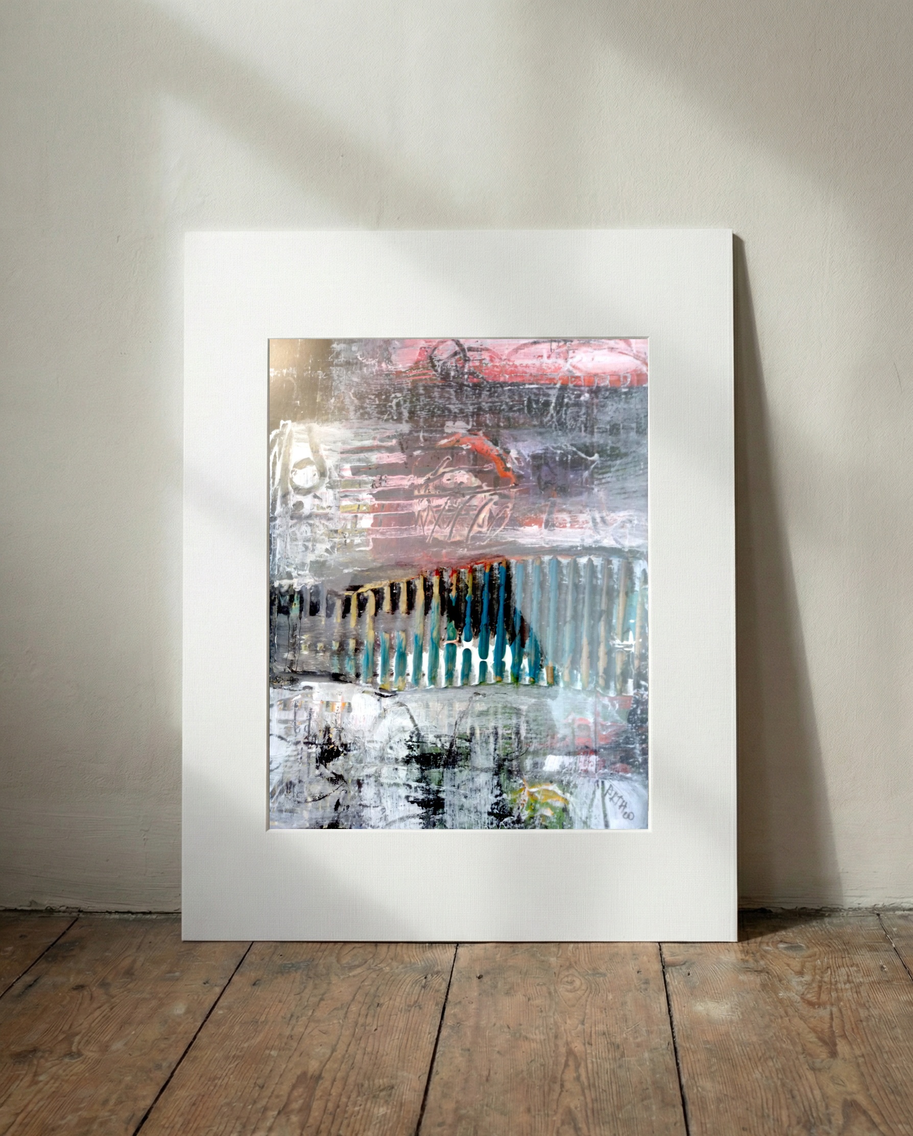 Grey and Turquoise Acrylic Abstract — art on the wall, room interior preview 3