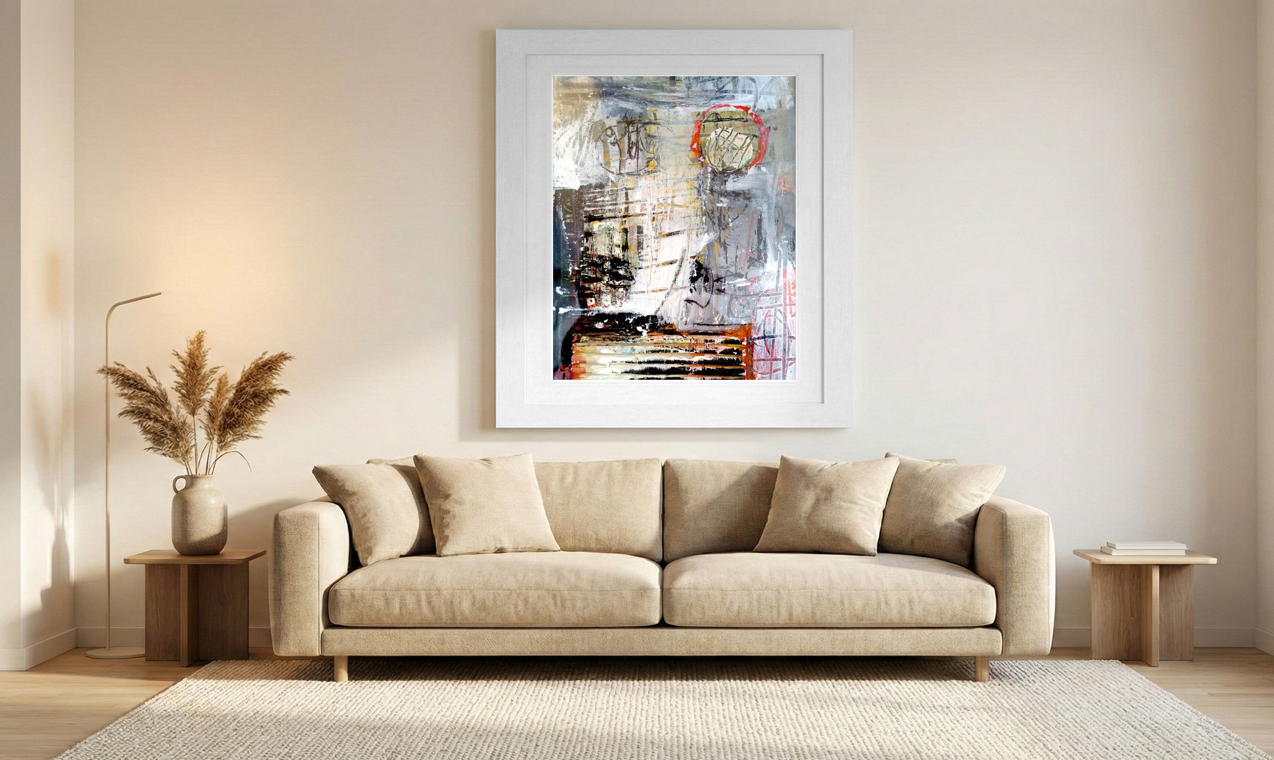 Dynamic Gray and Ochre Acrylic Composition — art on the wall, room interior preview 1
