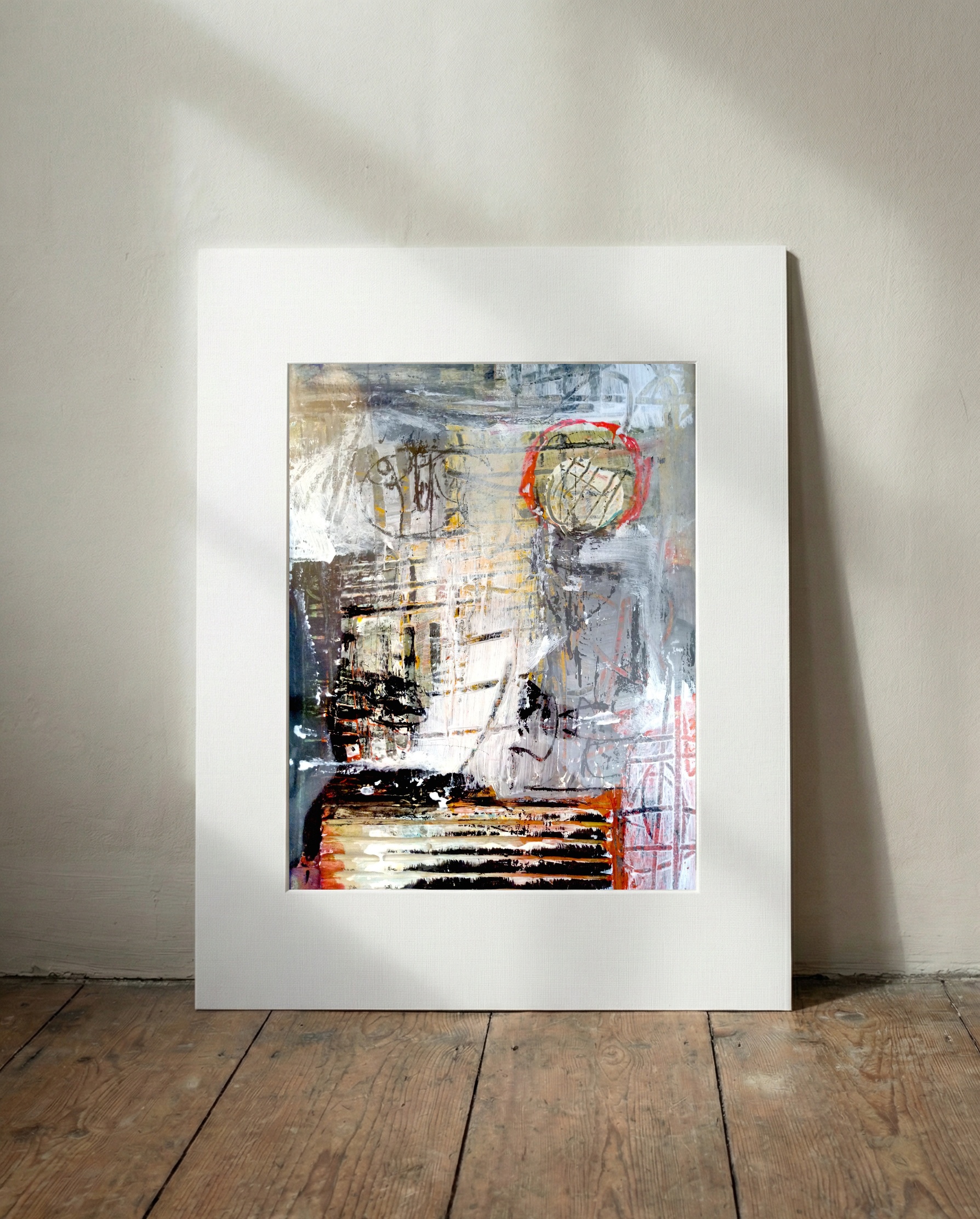 Dynamic Gray and Ochre Acrylic Composition — art on the wall, room interior preview 3