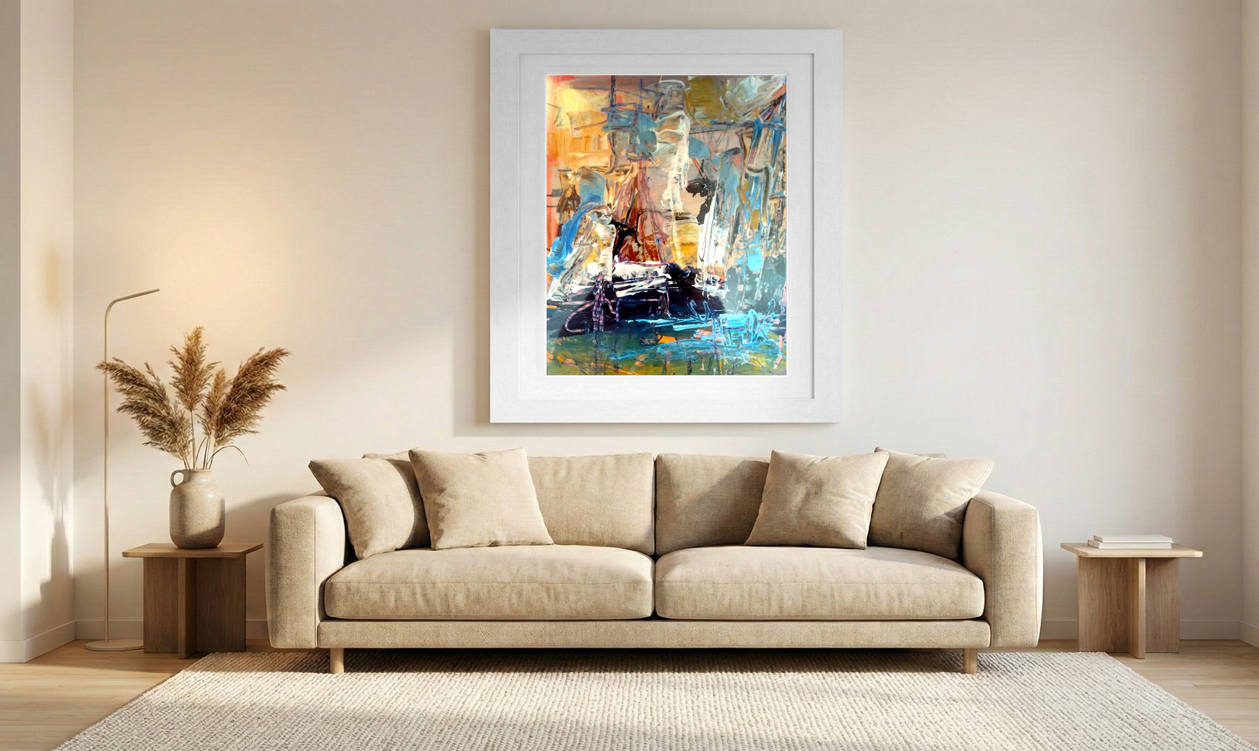 Cerulean and Ochre Abstract on Paper — art on the wall, room interior preview 1