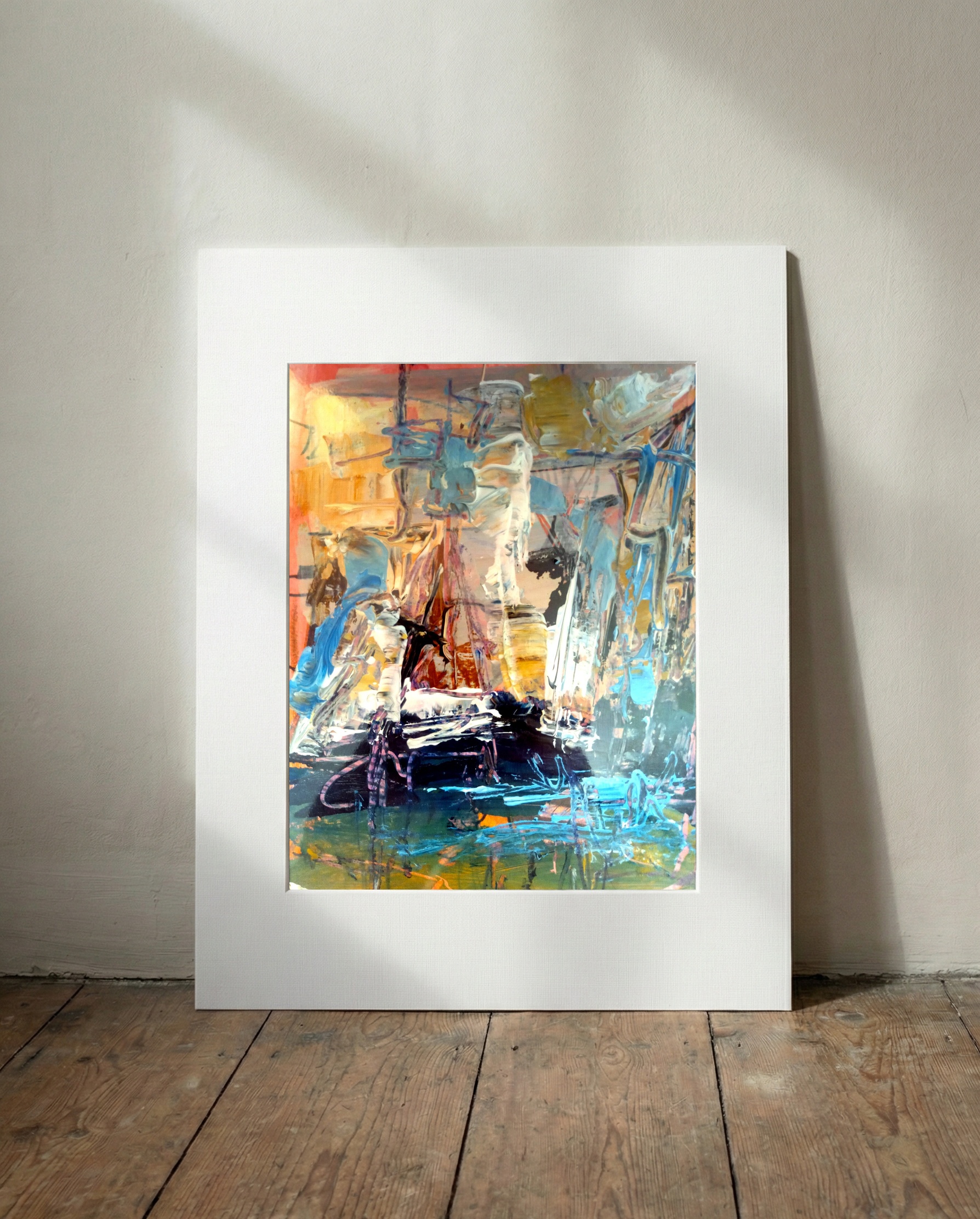 Cerulean and Ochre Abstract on Paper — art on the wall, room interior preview 3