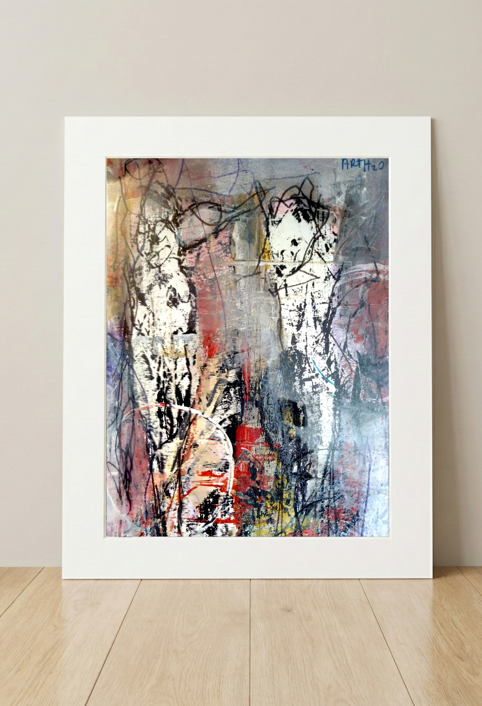 Crimson and Charcoal Abstract on Paper — art on the wall, room interior preview 3