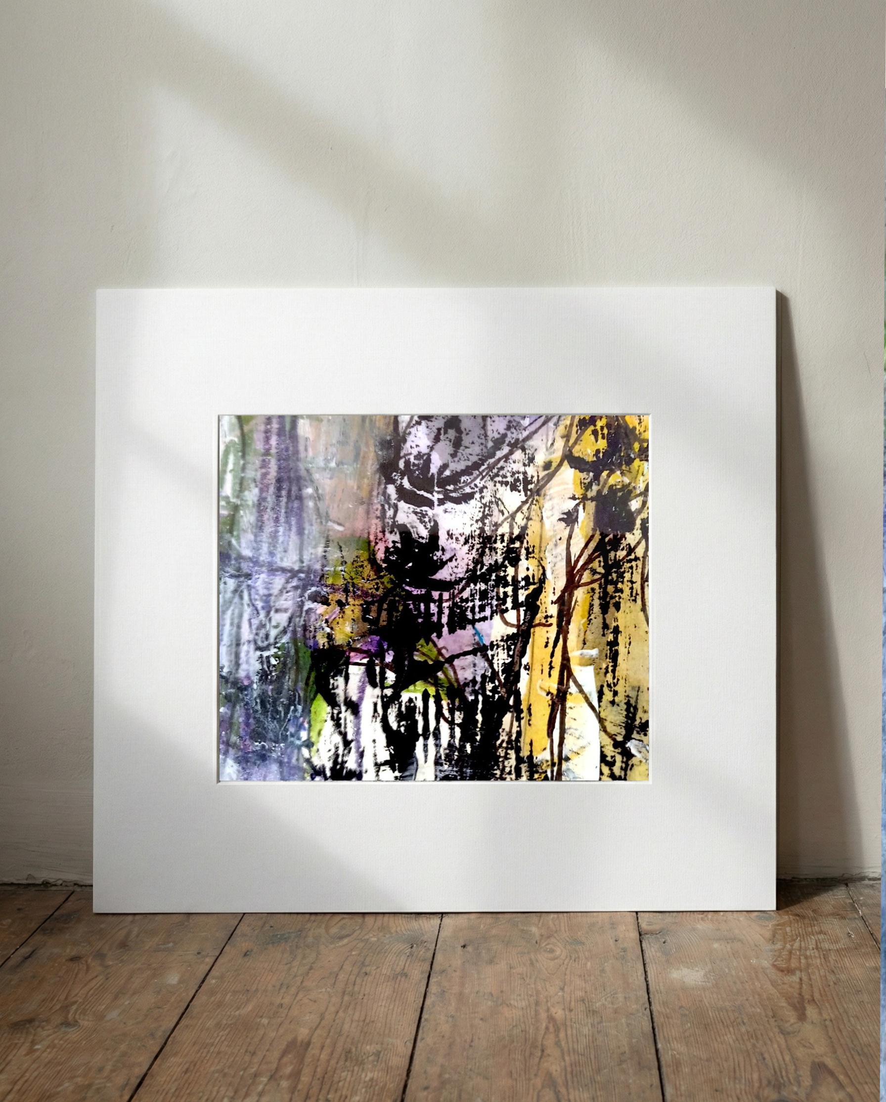 Yellow and Purple Swirls on Paper — art on the wall, room interior preview 1