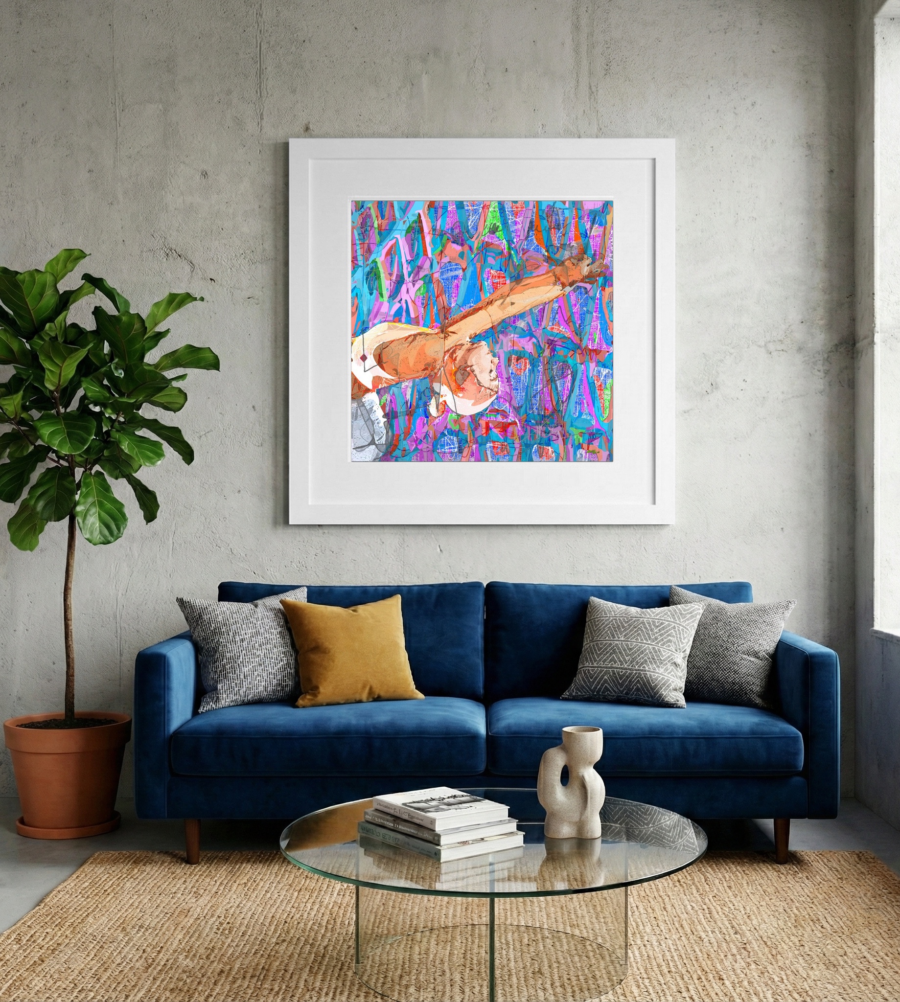 Neon Pink and Blue Movement Art — art on the wall, room interior preview 2