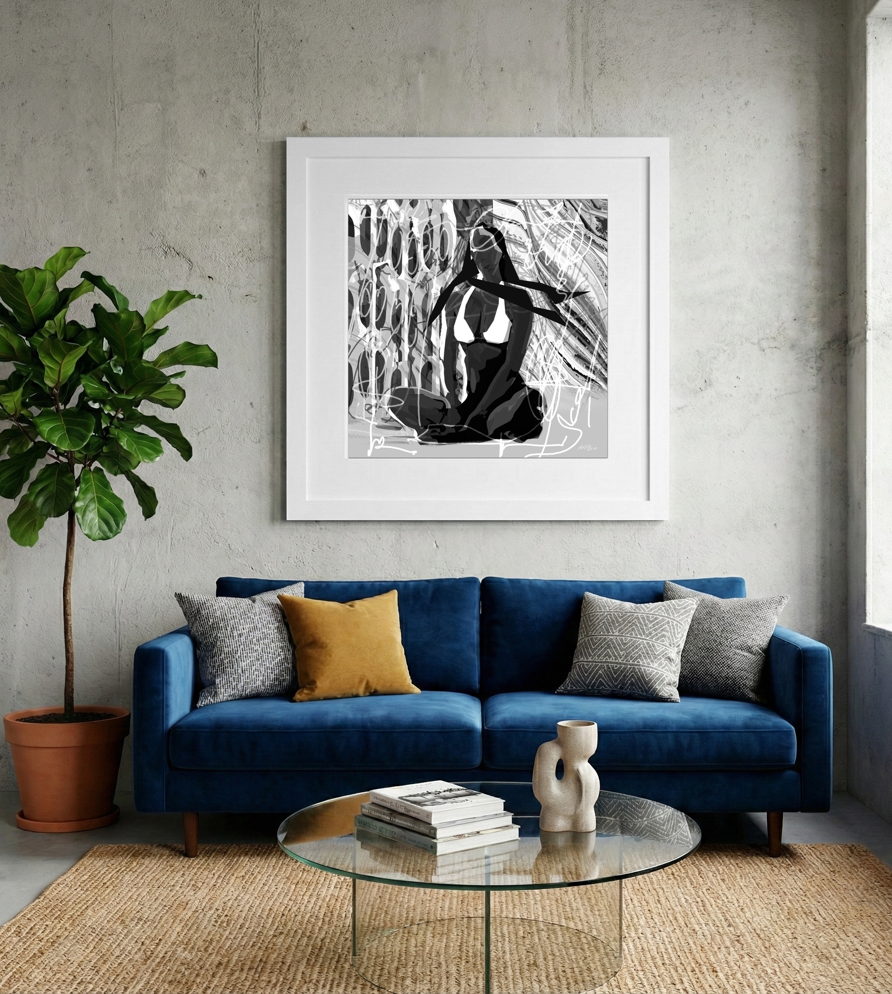 Serene Black and White Meditation Digital Art — art on the wall, room interior preview 2