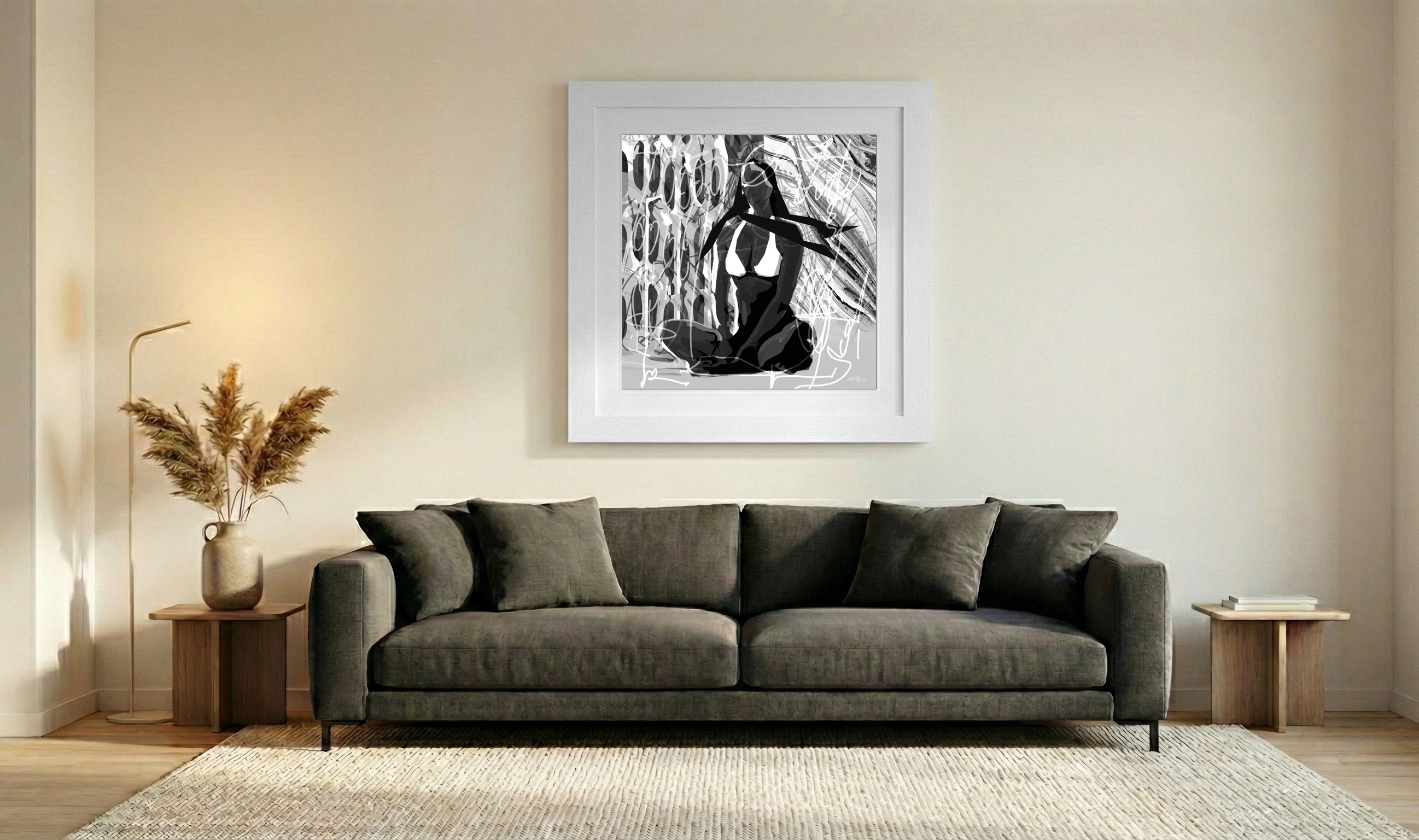 Serene Black and White Meditation Digital Art — art on the wall, room interior preview 3