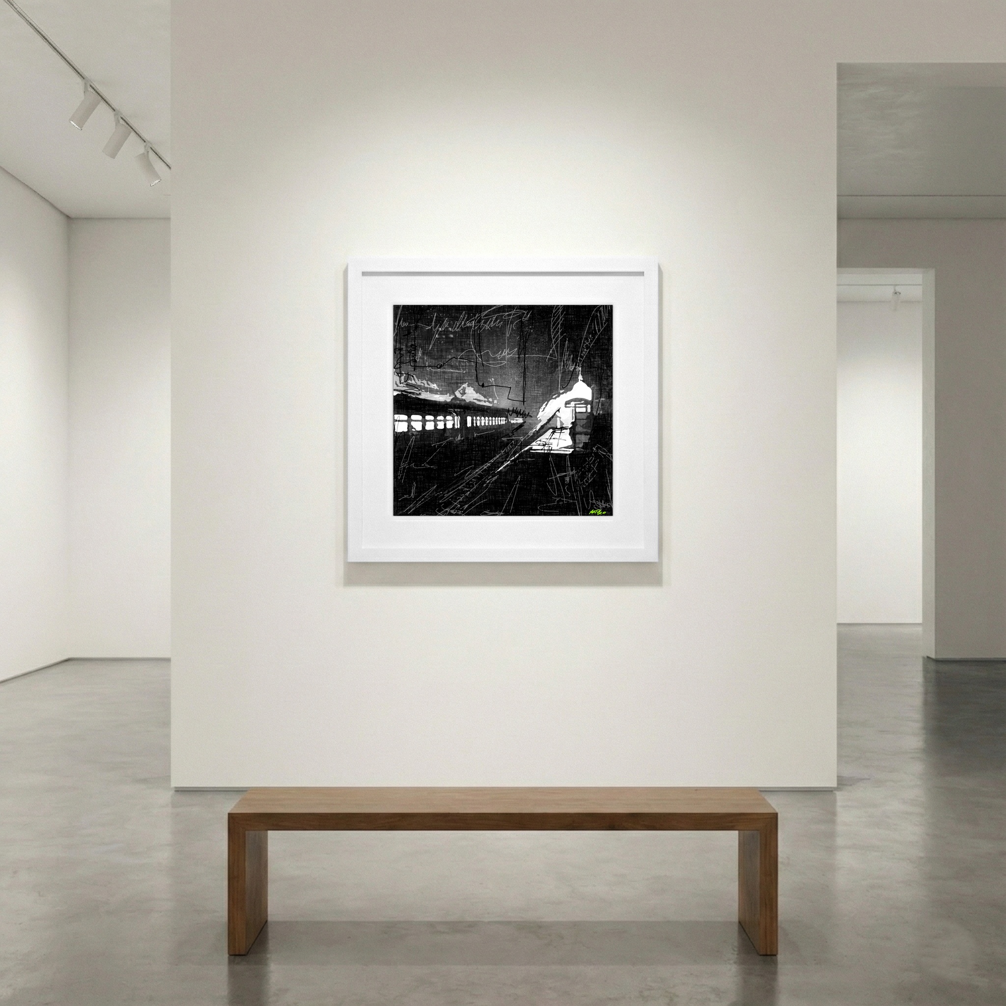 Monochrome Urban Train Digital Artwork — art on the wall, room interior preview 1