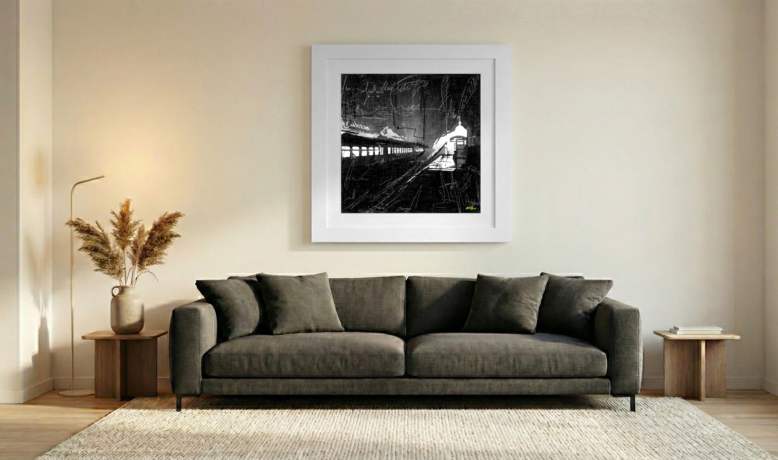 Monochrome Urban Train Digital Artwork — art on the wall, room interior preview 3