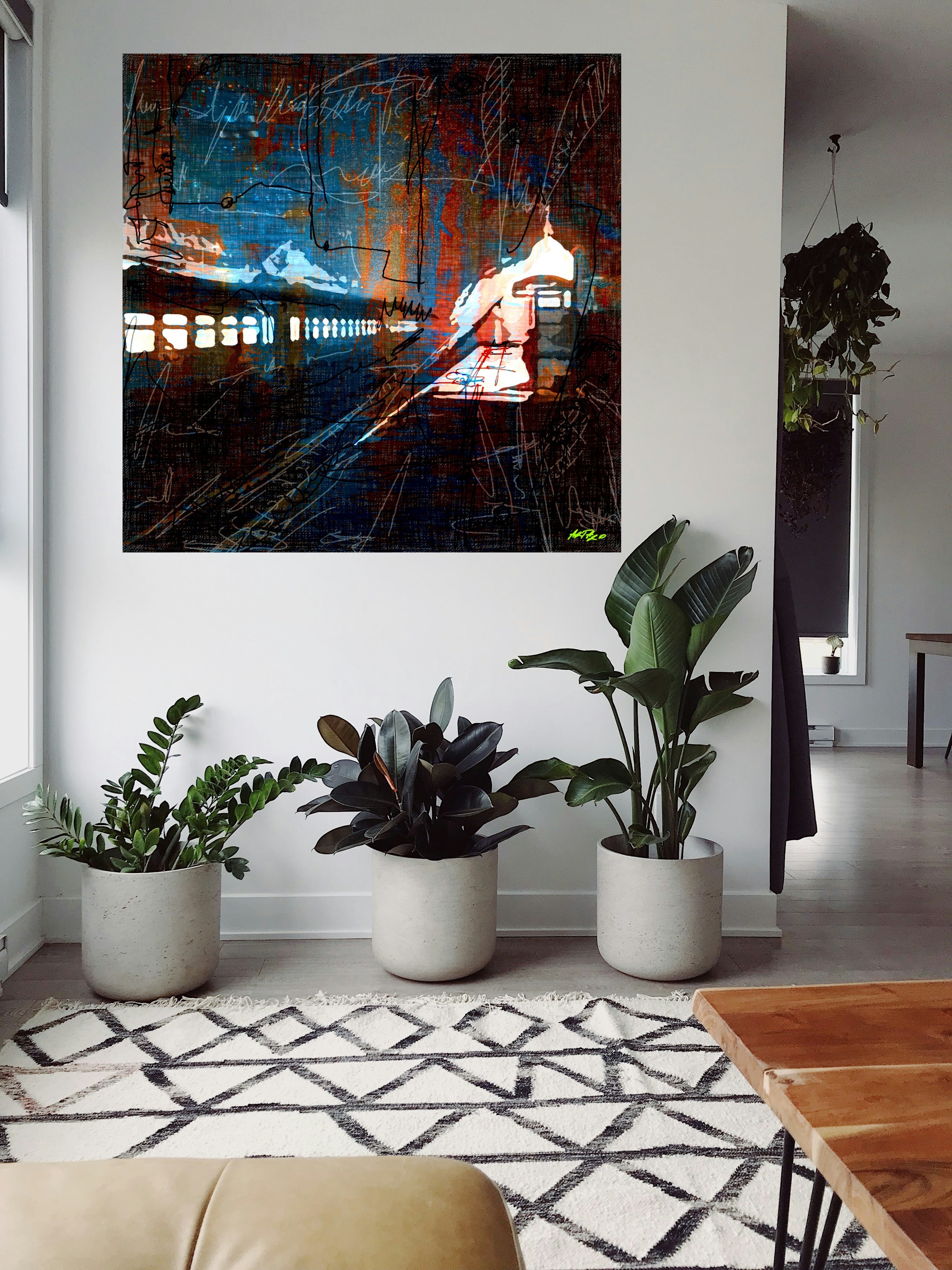 Navy and Orange Anticipation Digital Art — art on the wall, room interior preview 1