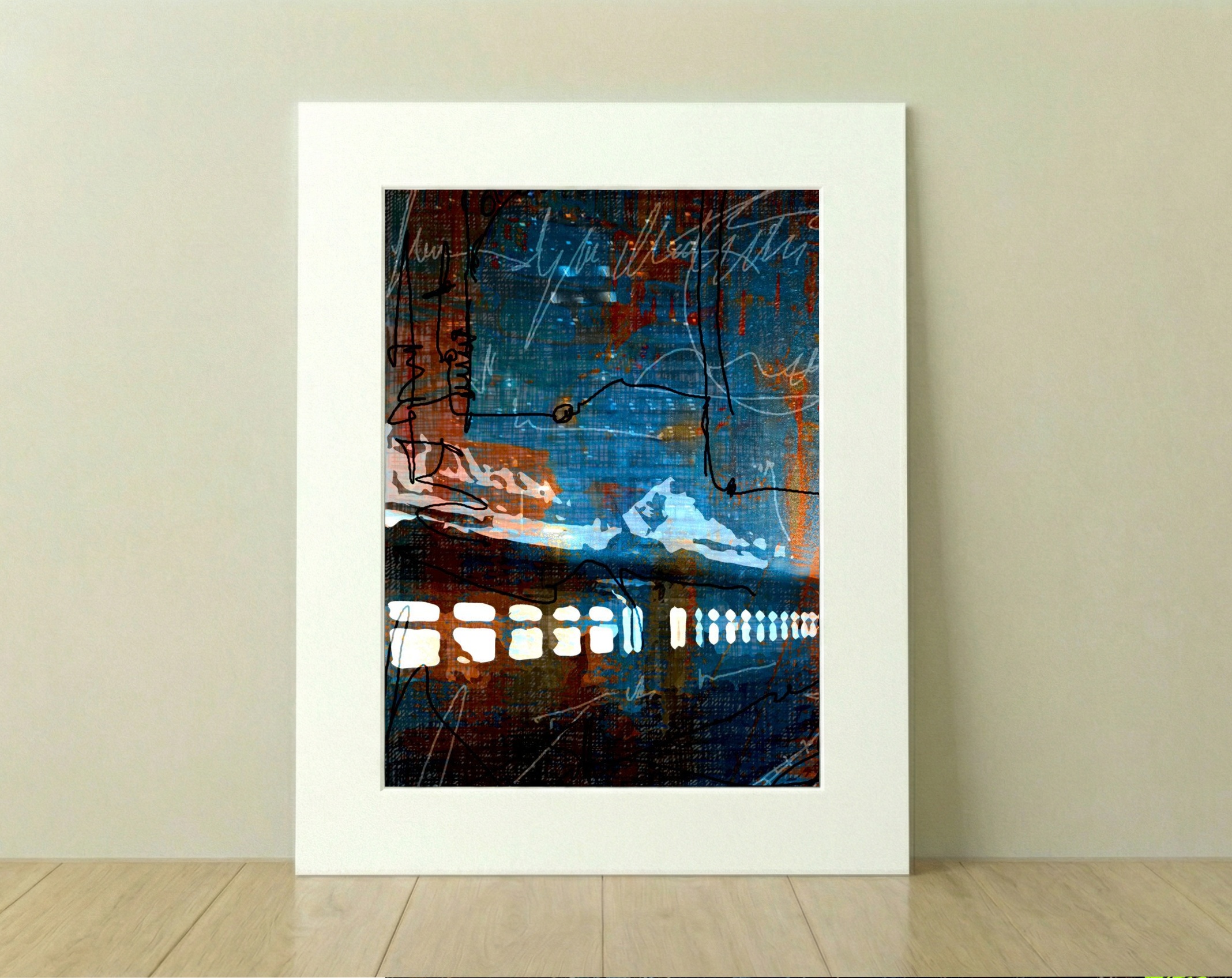 Navy and Orange Anticipation Digital Art — art on the wall, room interior preview 2