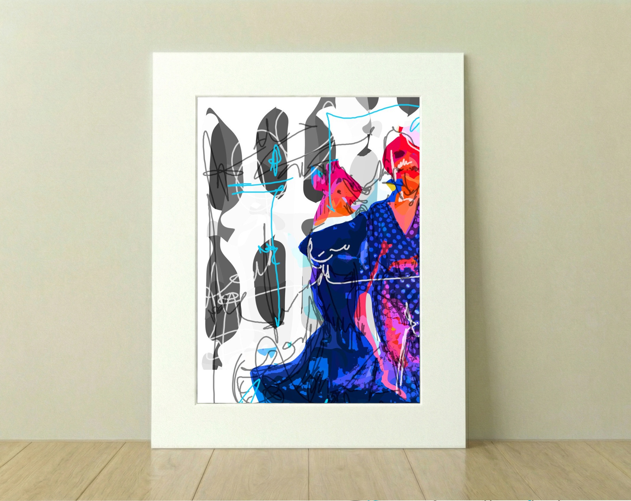 Cerulean and Magenta Flamenco Dancers — art on the wall, room interior preview 2