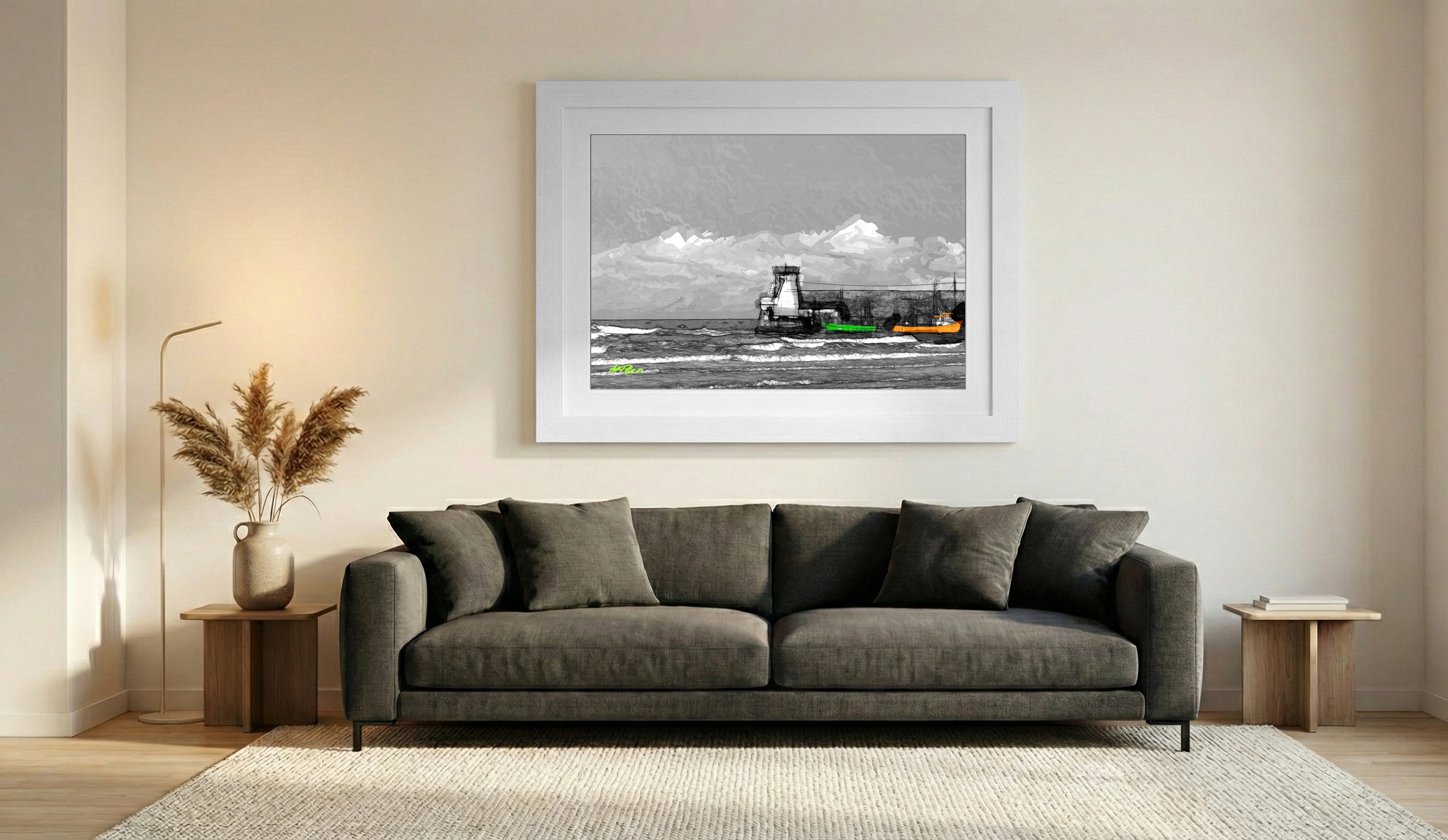 Dramatic Balbrigan Harbour in Black and White — art on the wall, room interior preview 1