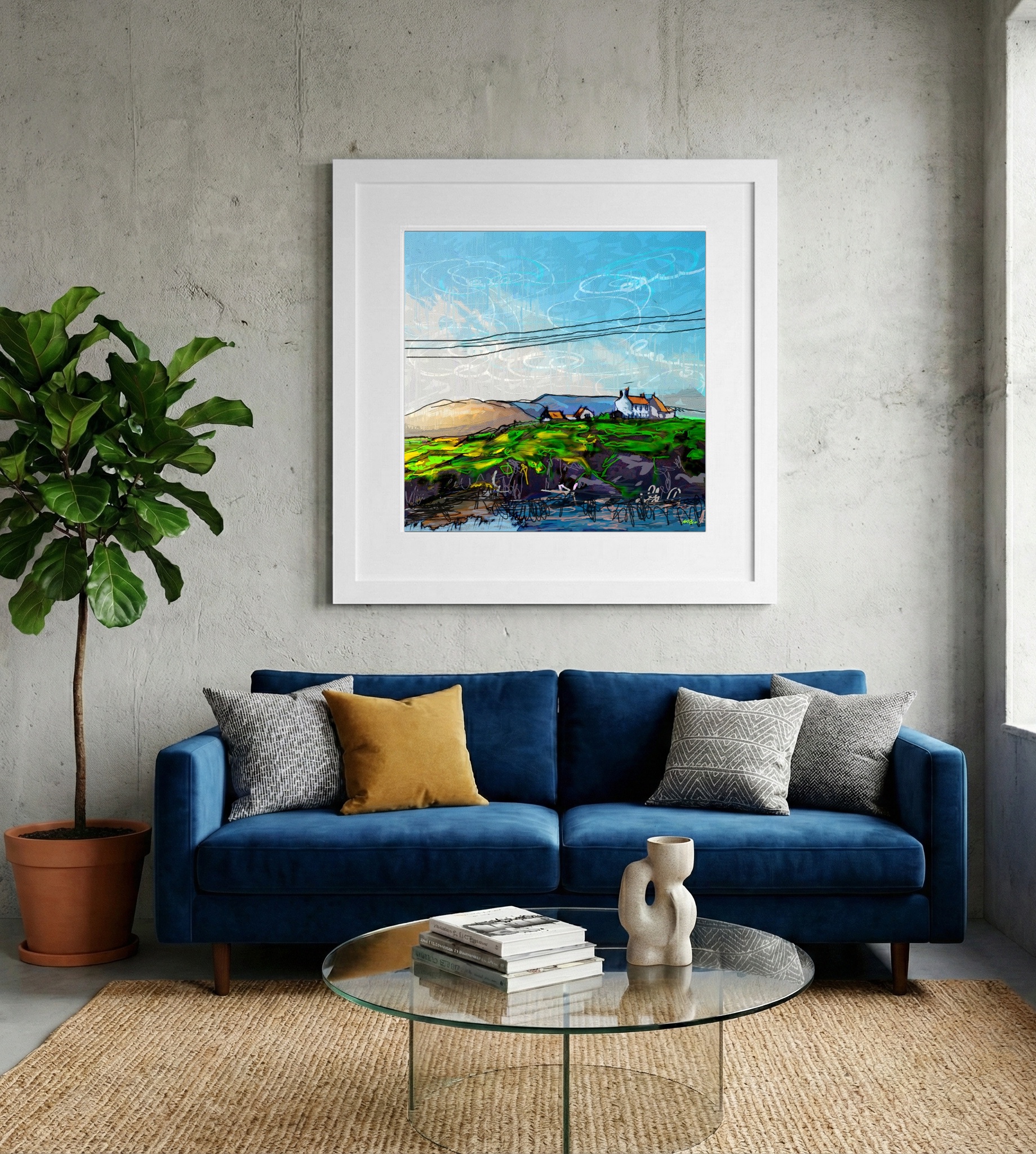 Bright Green Hills and House Digital Art — art on the wall, room interior preview 2