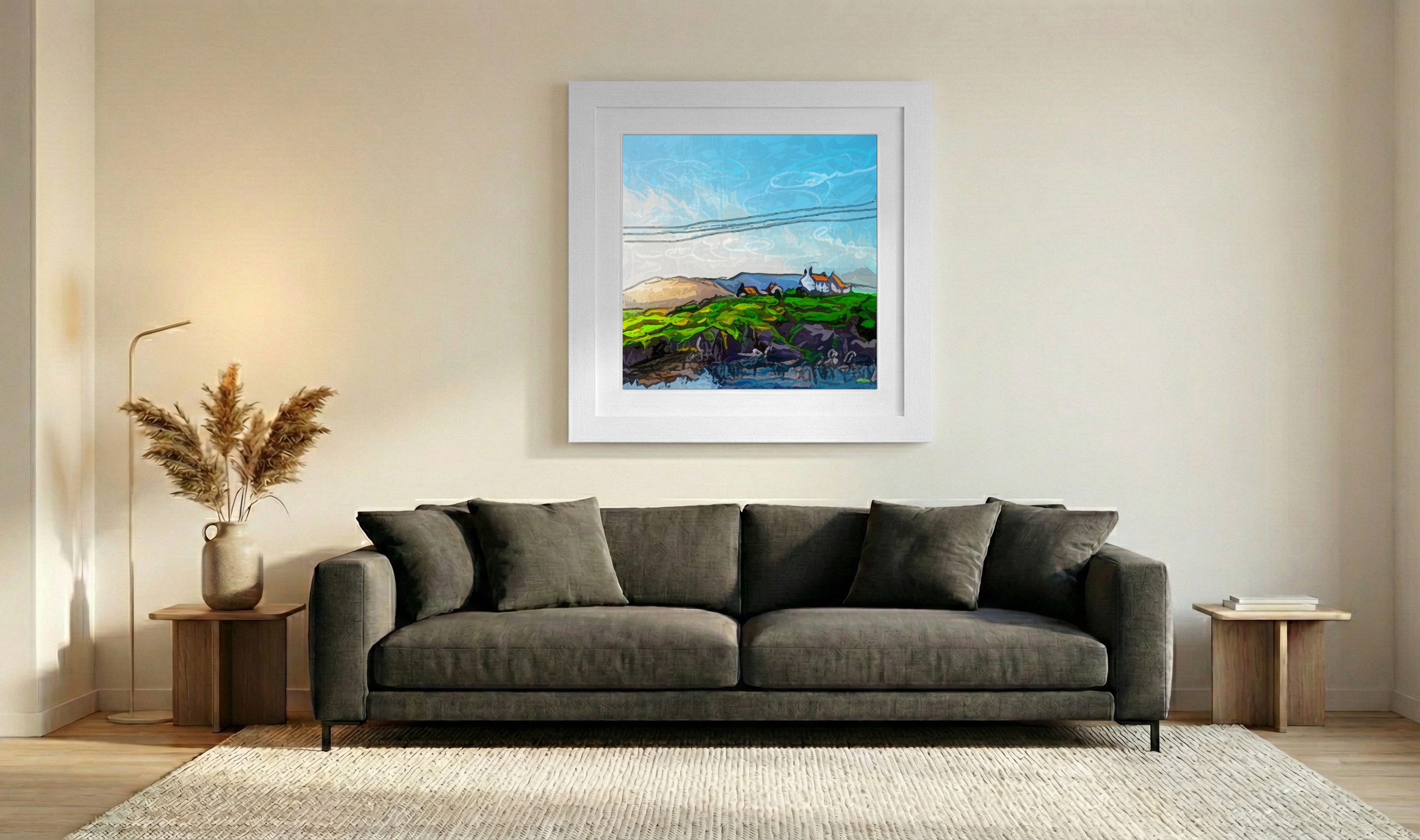 Teal Green Cliffside House Digital Art — art on the wall, room interior preview 3