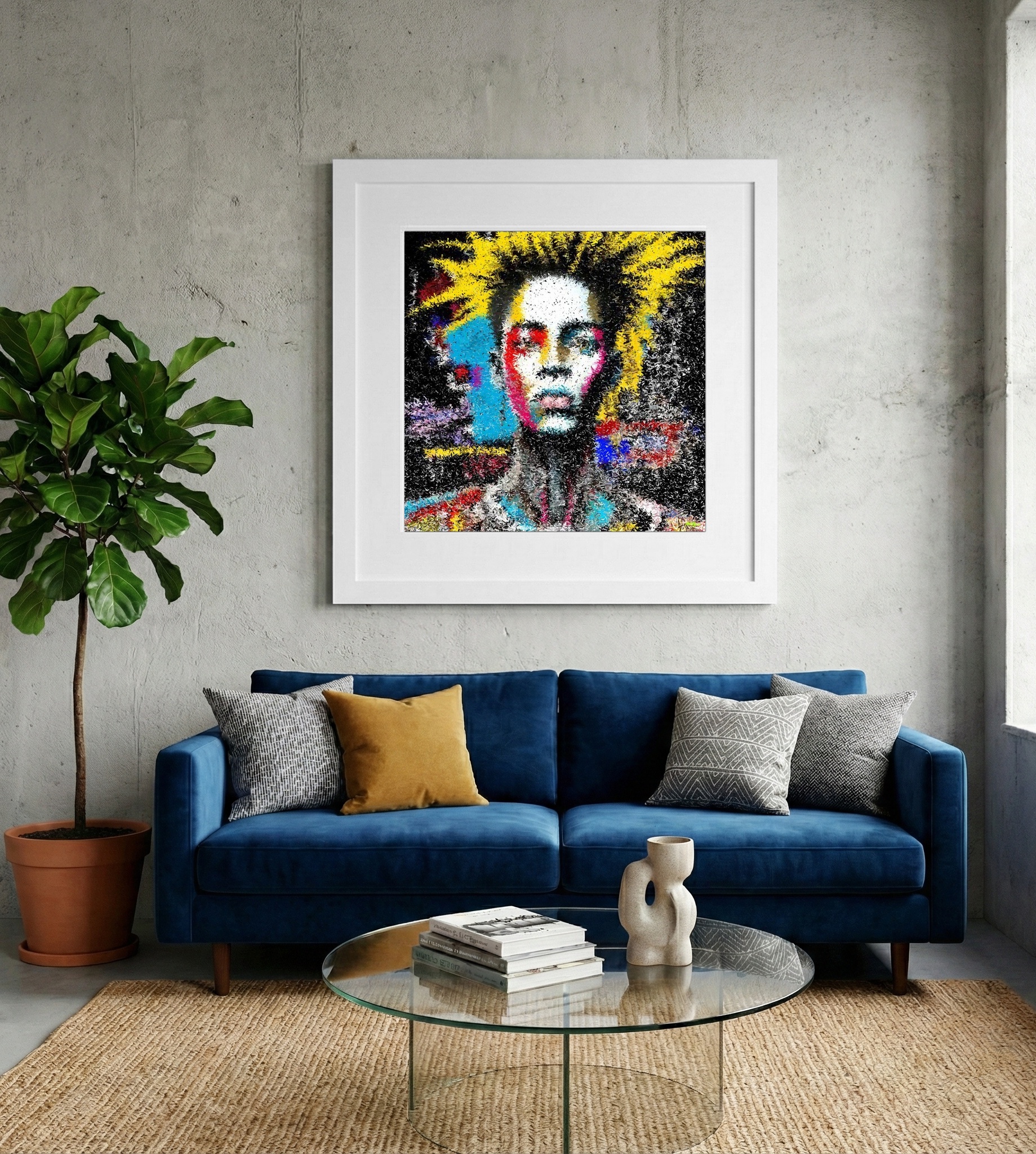 Electric Blue and Yellow Urban Portrait — art on the wall, room interior preview 2