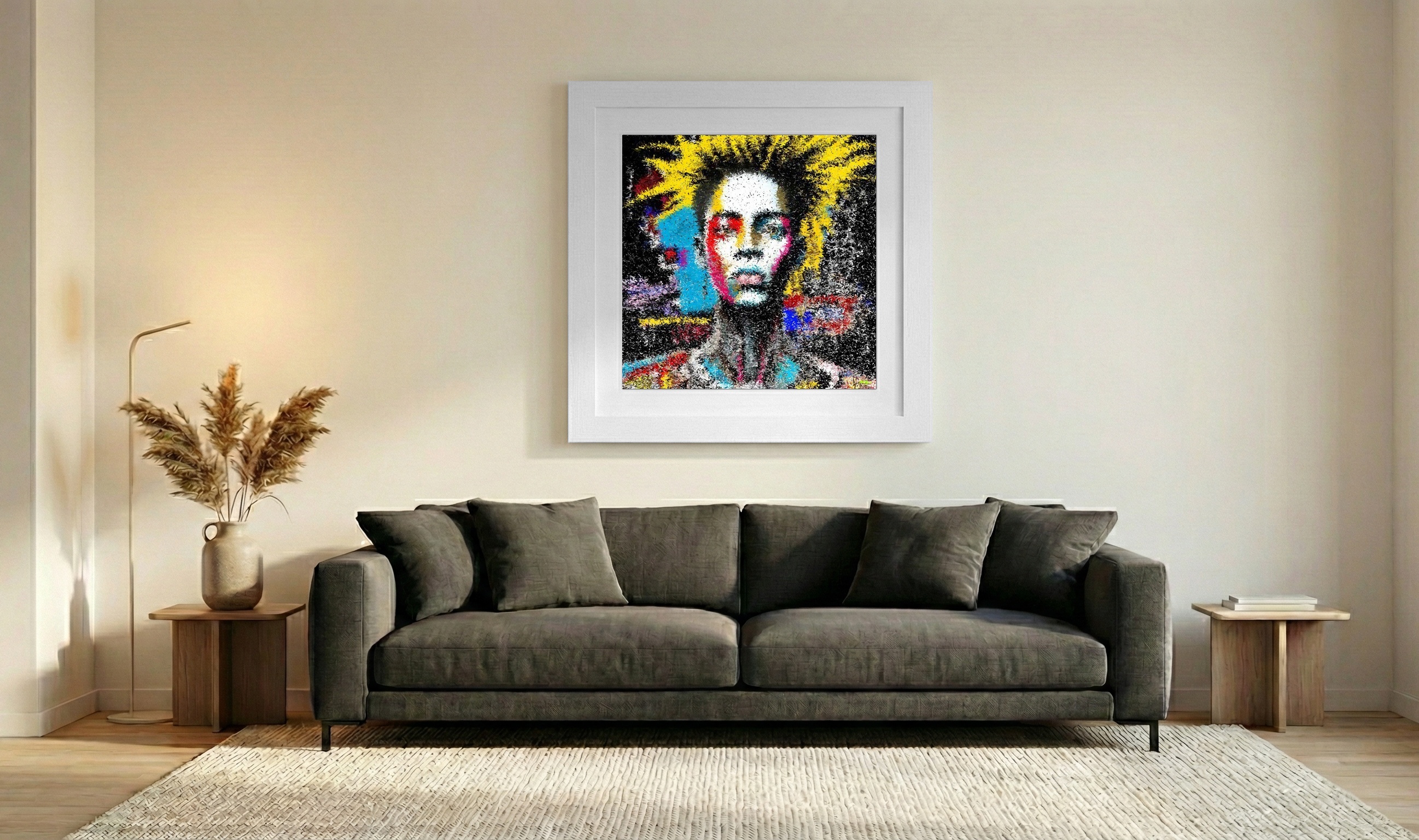 Electric Blue and Yellow Urban Portrait — art on the wall, room interior preview 3