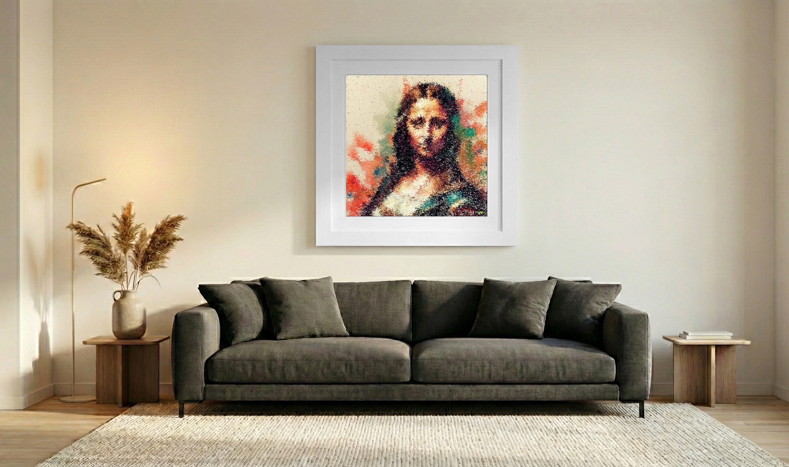 Warm Coral and Forest Green Abstract Portrait — art on the wall, room interior preview 3