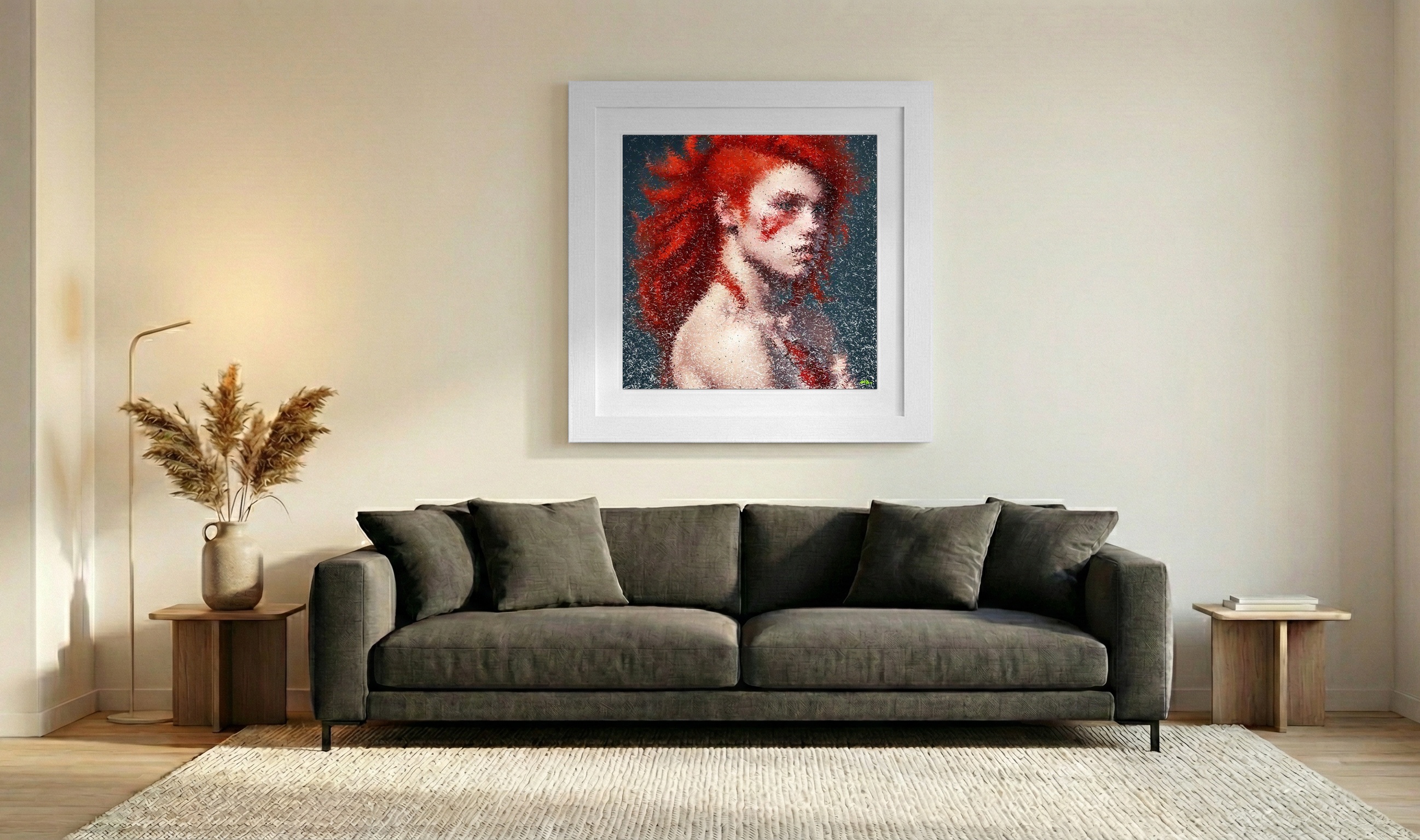 Crimson Flow in Digital Portrait — art on the wall, room interior preview 3