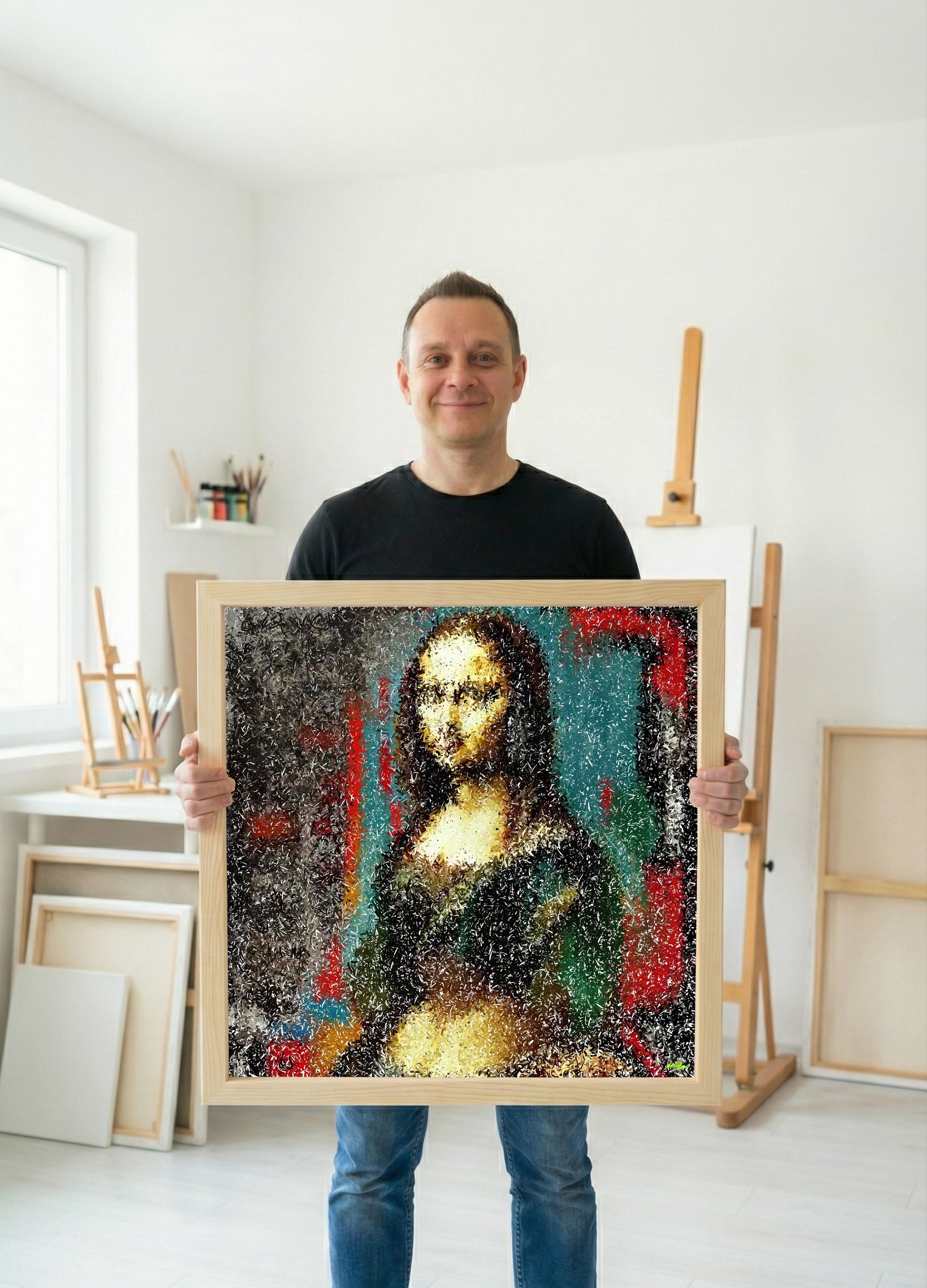 Emerald and Red Layers in Digital Artwork — art on the wall, room interior preview 2