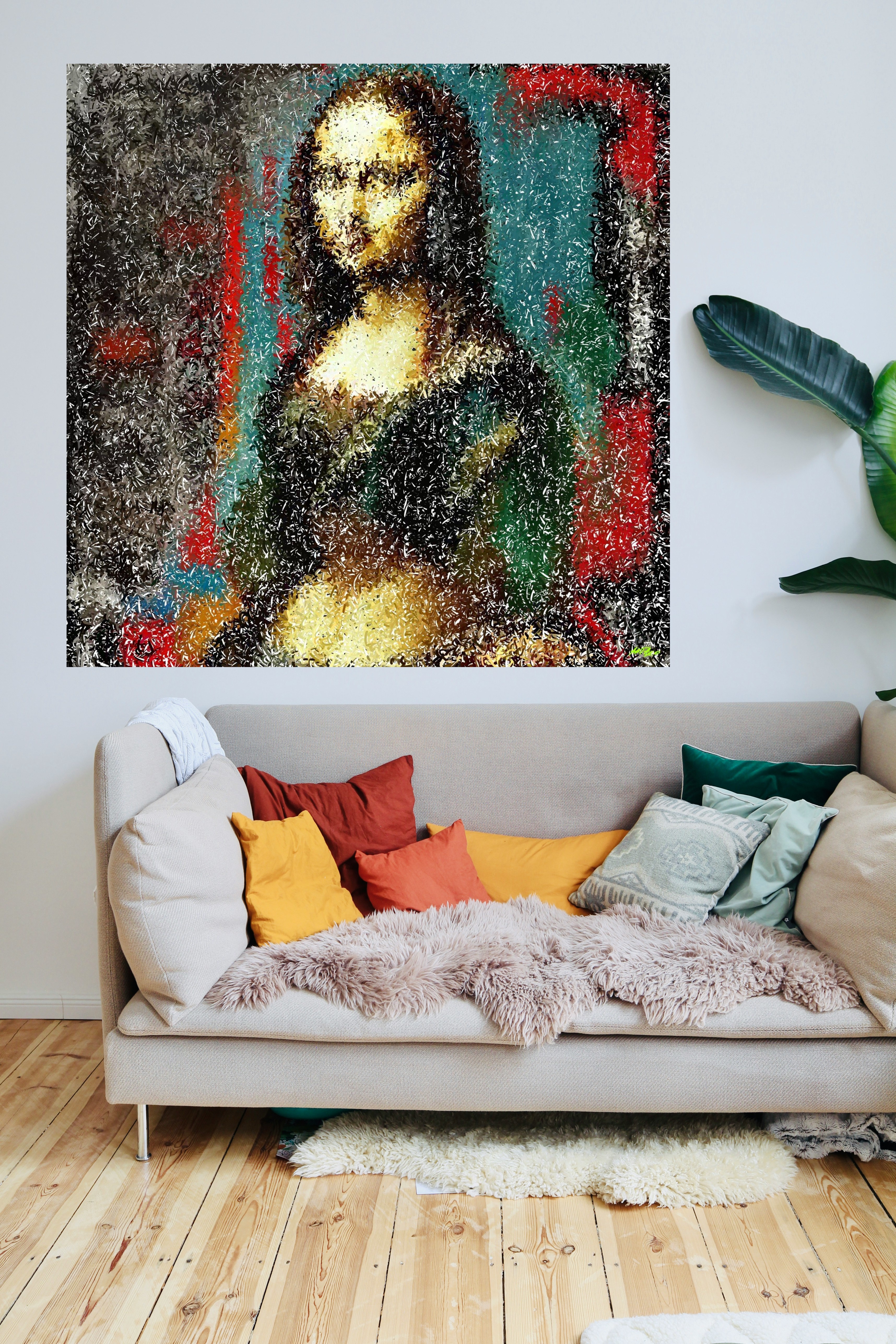 Emerald and Red Layers in Digital Artwork — art on the wall, room interior preview 3