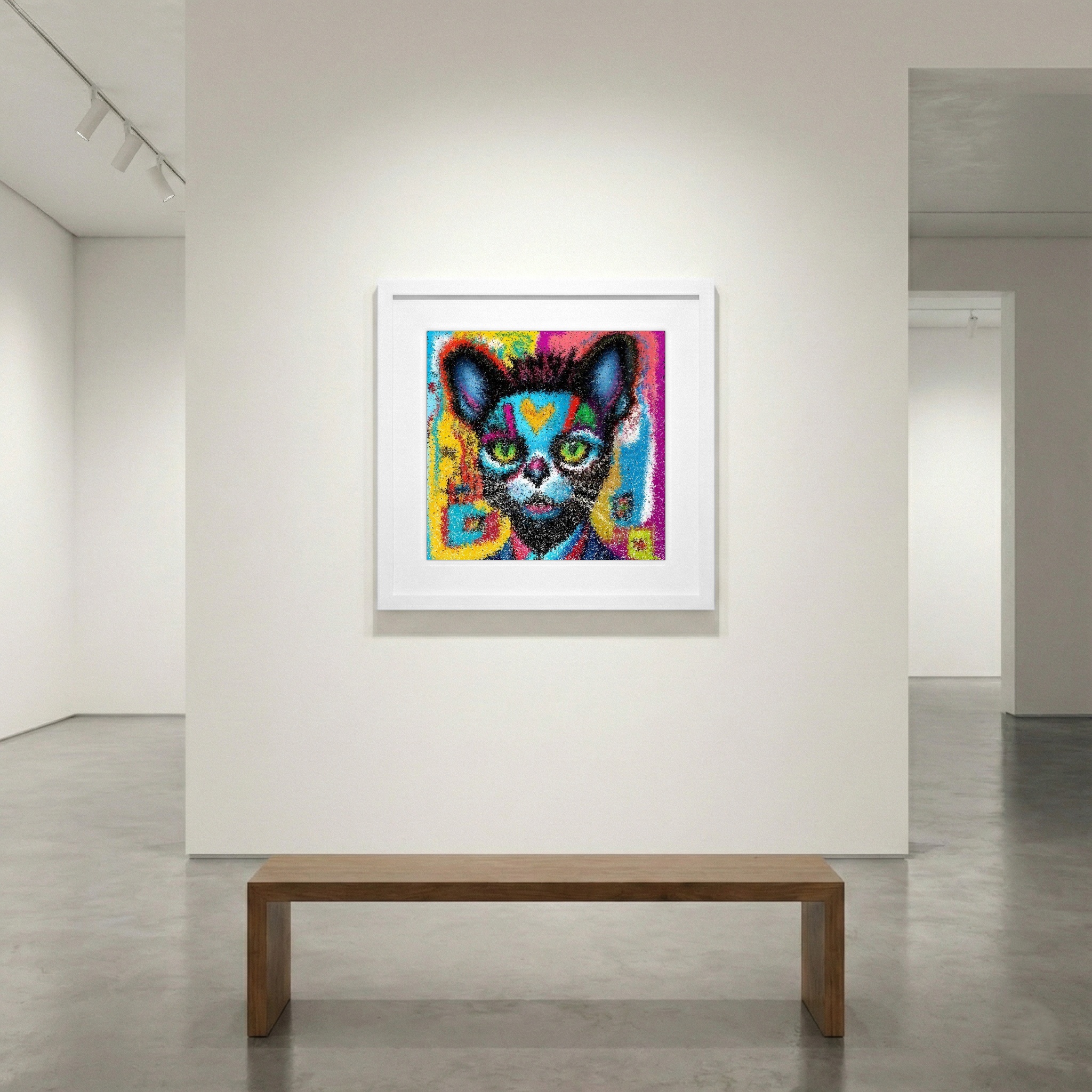 Electric Blue and Orange Cat Portrait — art on the wall, room interior preview 1