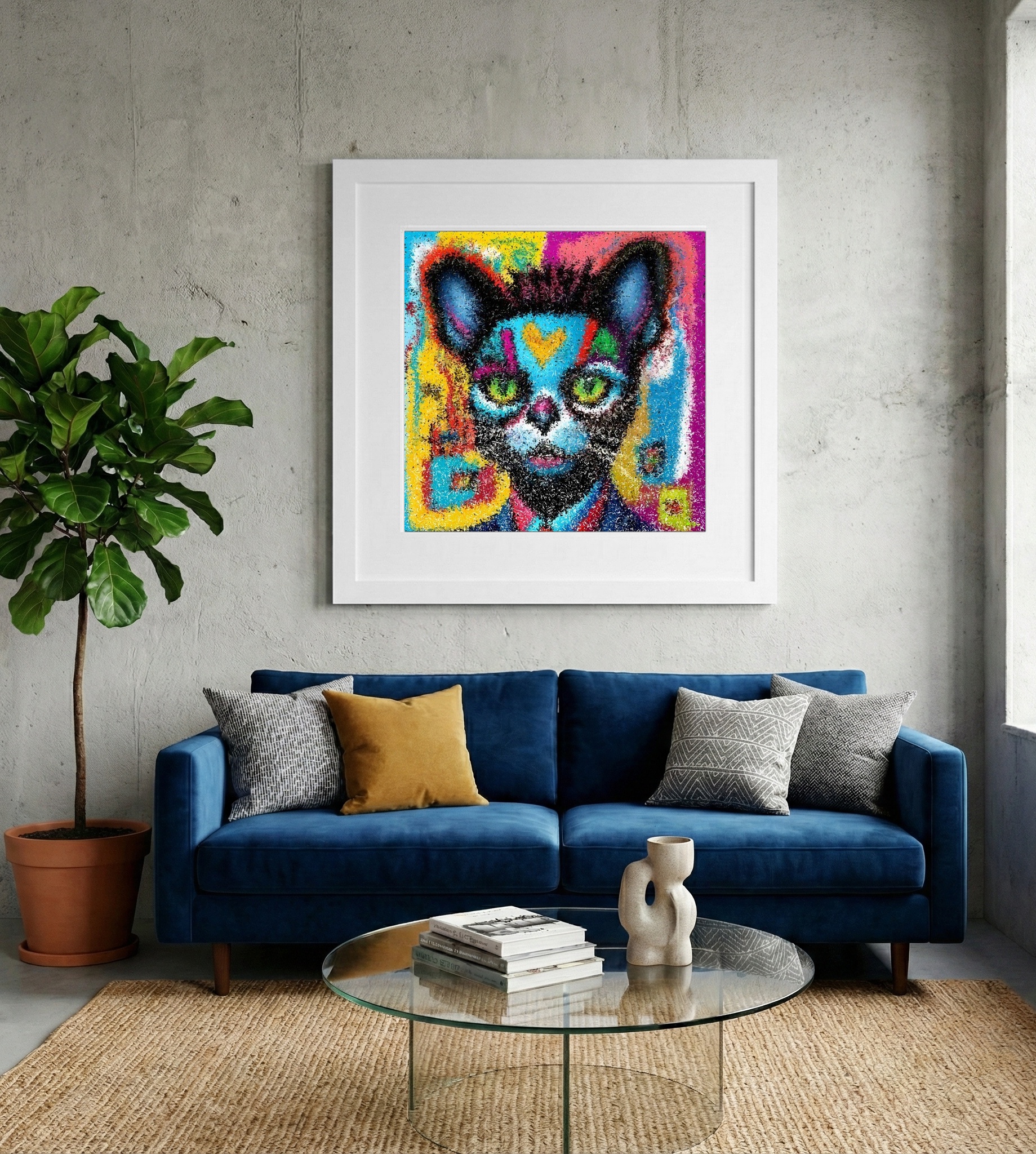 Electric Blue and Orange Cat Portrait — art on the wall, room interior preview 2