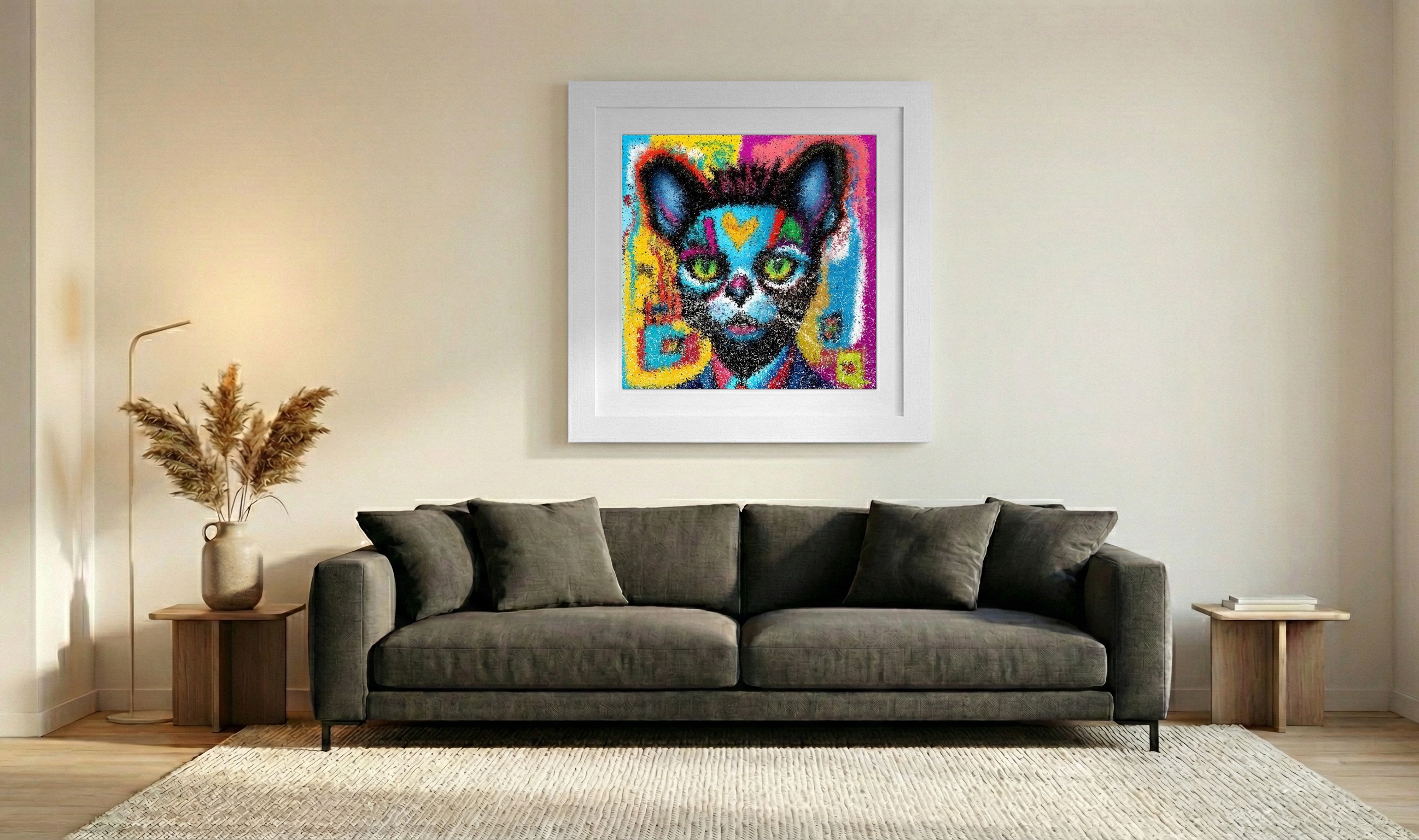 Electric Blue and Orange Cat Portrait — art on the wall, room interior preview 3