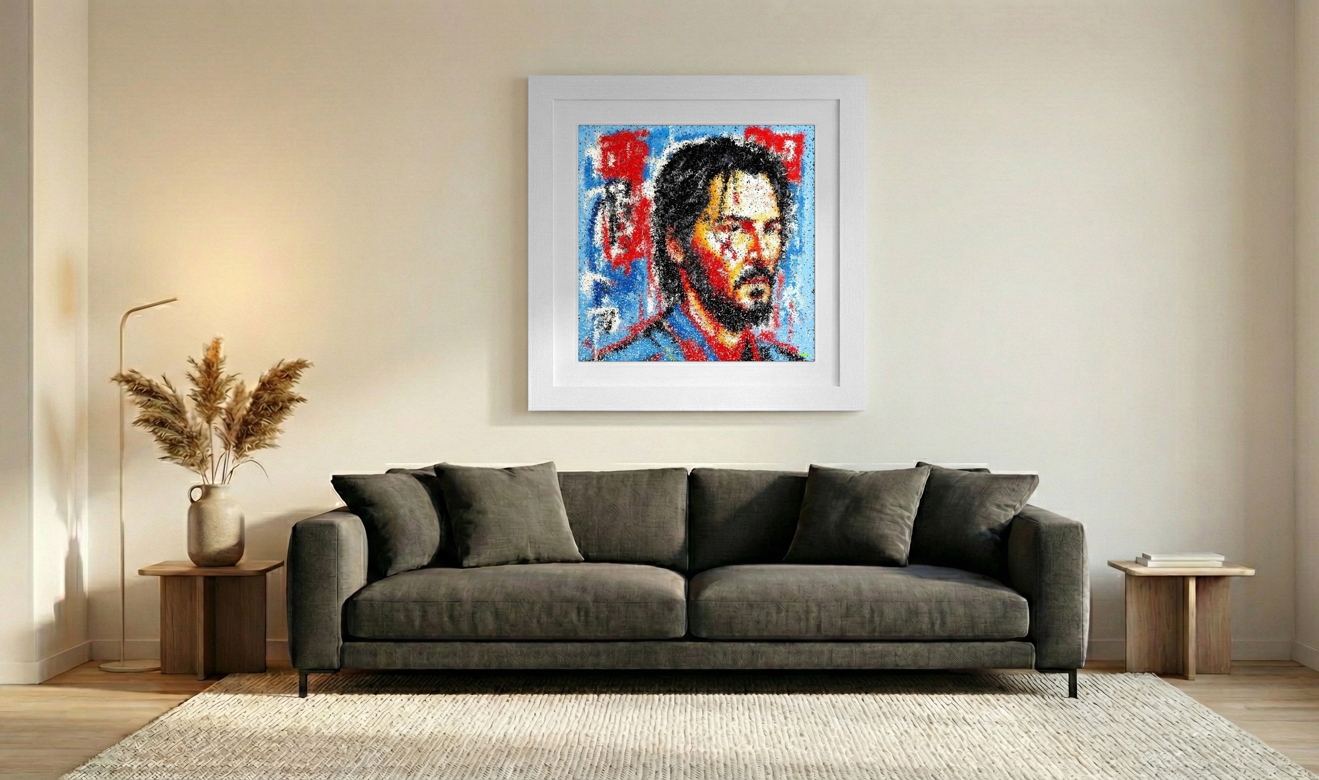 Crimson and Blue Abstract Digital Portrait — art on the wall, room interior preview 3