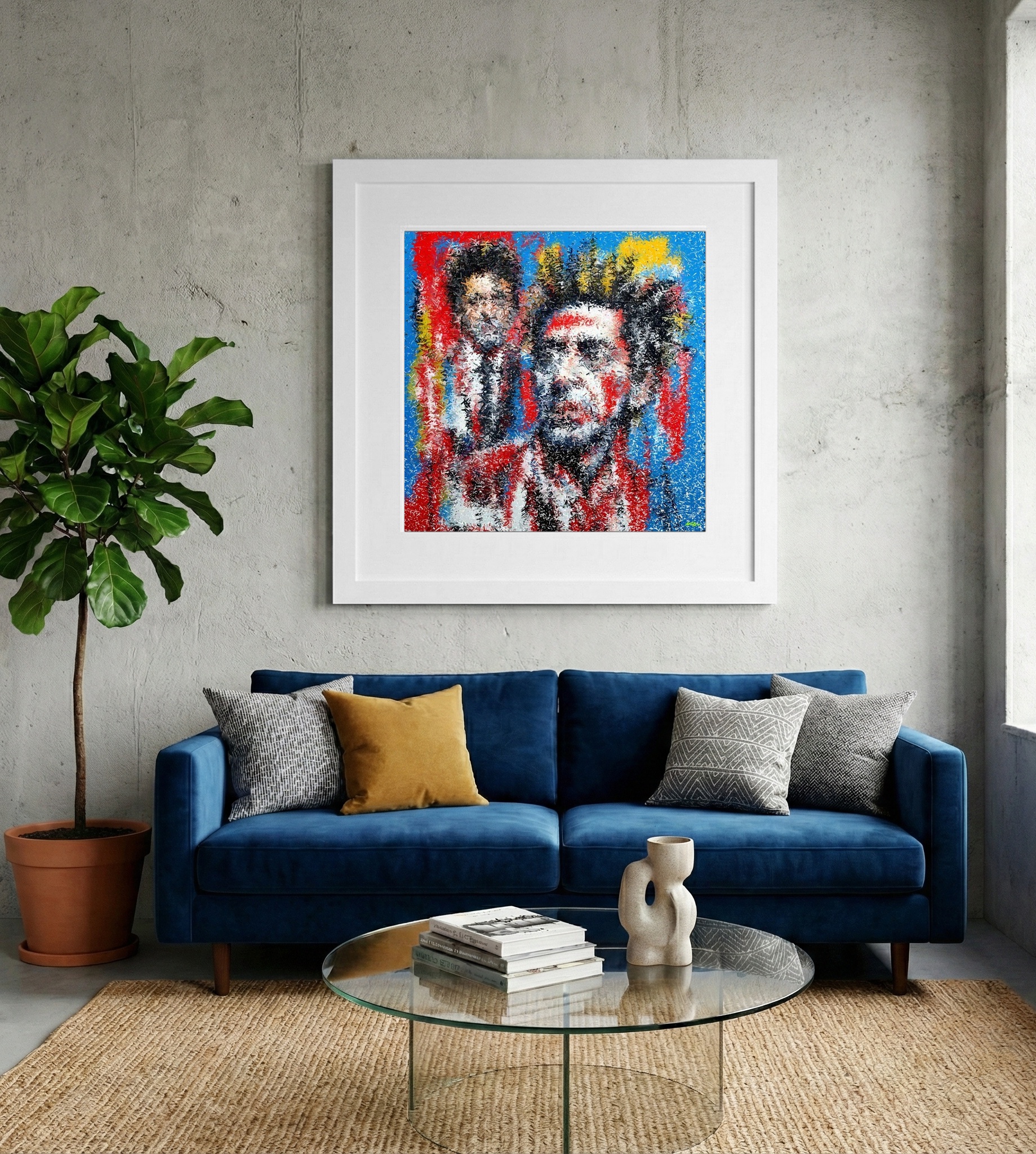 Vibrant Red and Blue Expressionist Portrait — art on the wall, room interior preview 2