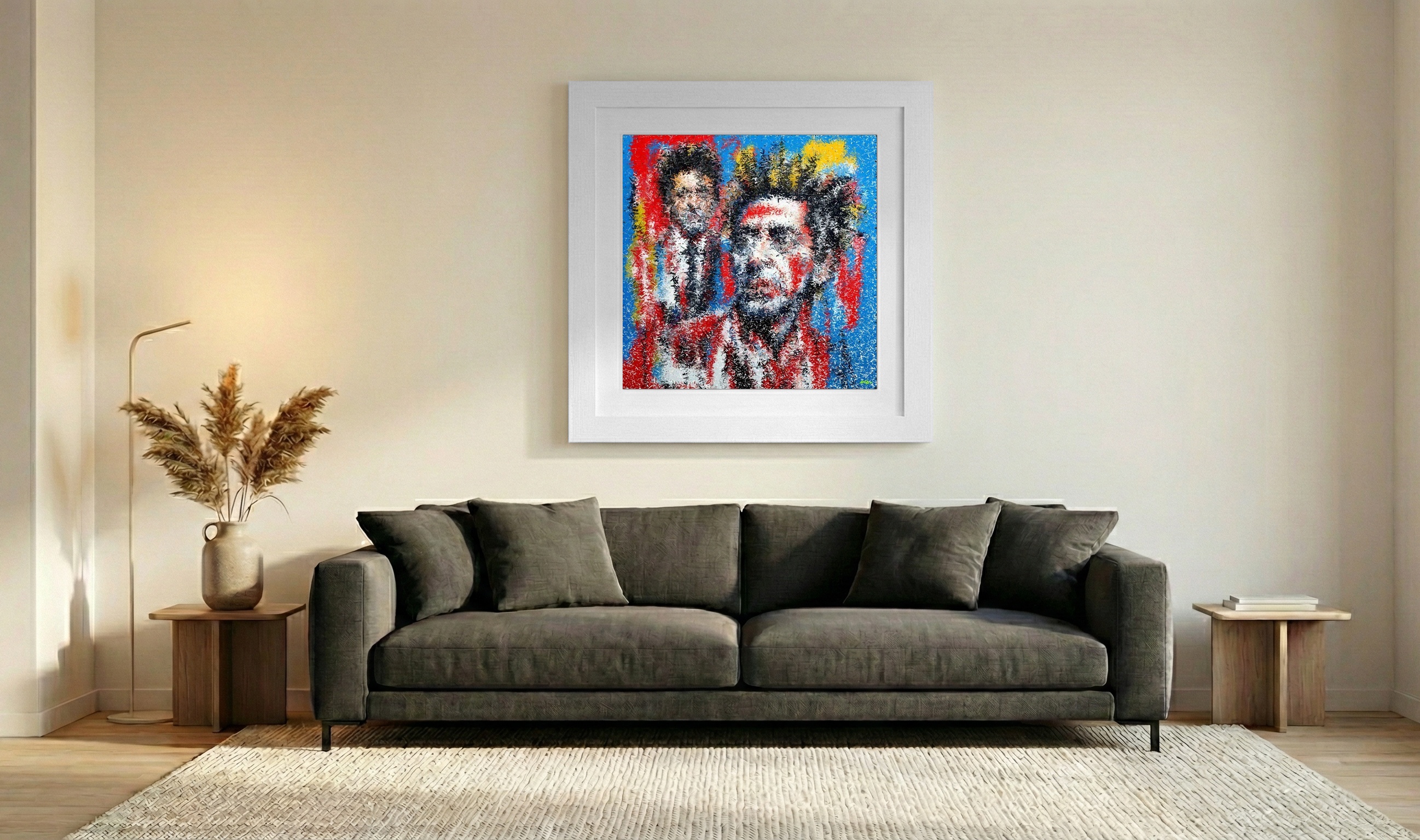 Vibrant Red and Blue Expressionist Portrait — art on the wall, room interior preview 3