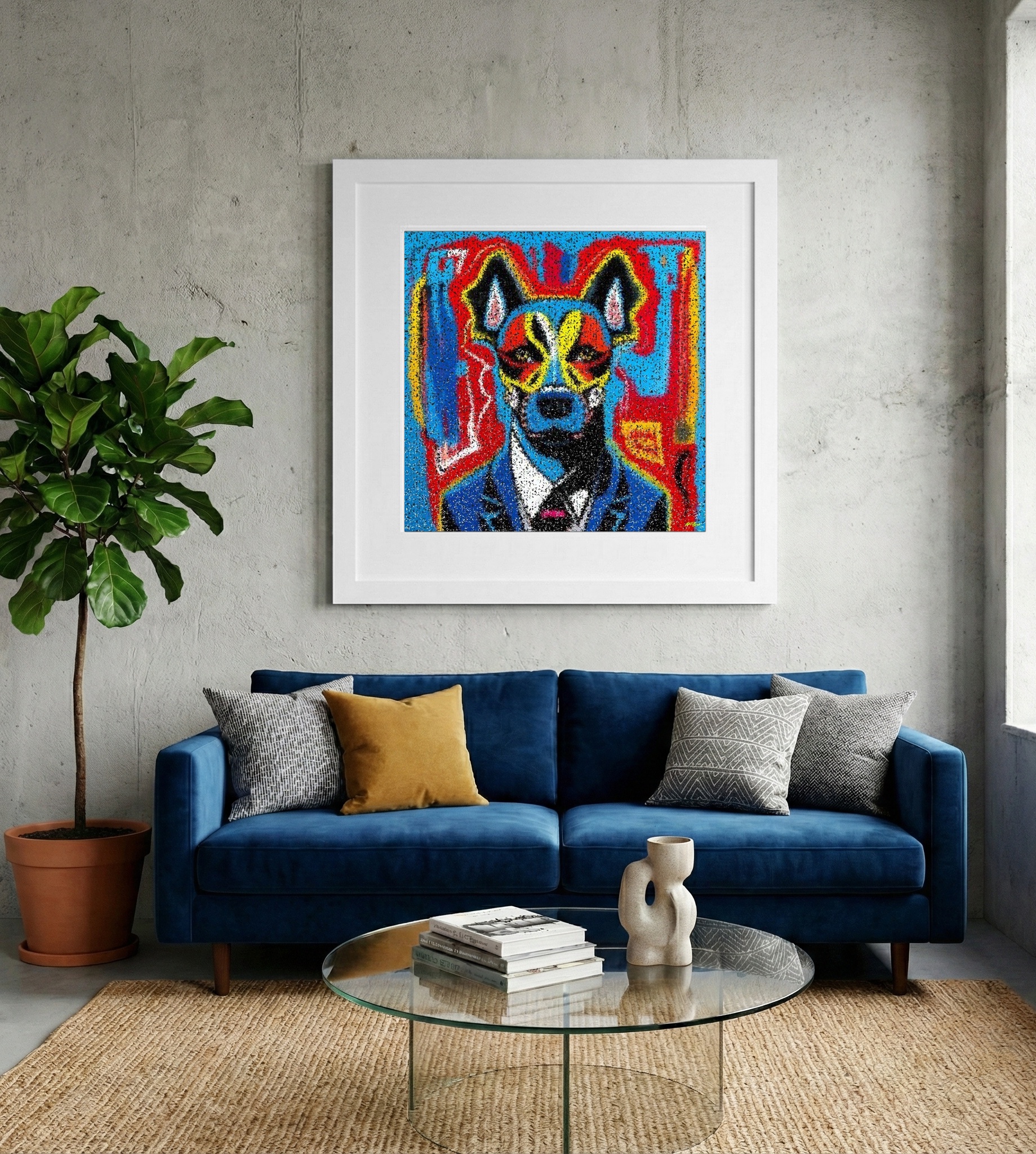 Boldly Colored Dog in Suit Digital Art — art on the wall, room interior preview 2