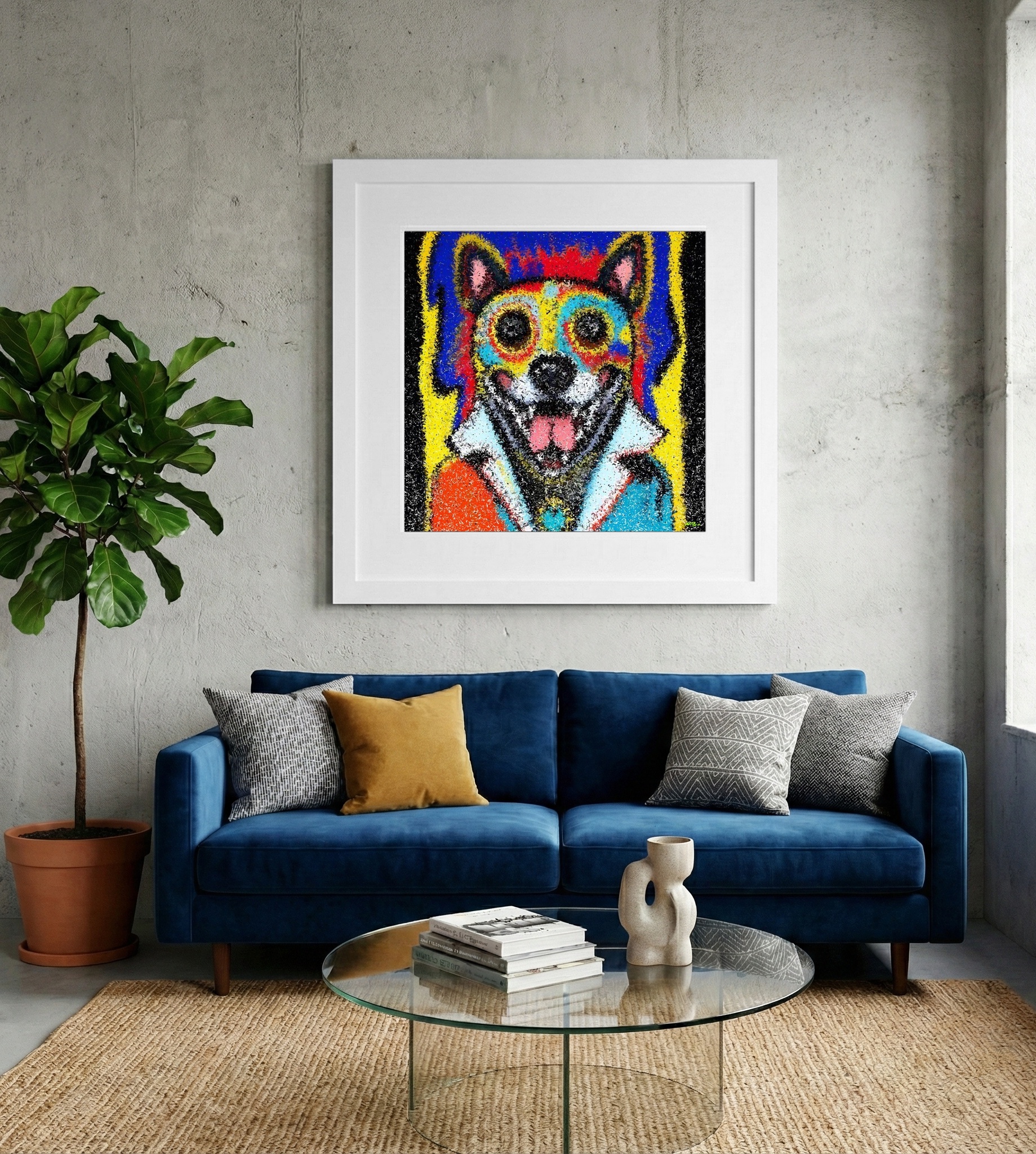 Vibrant Dog Digital Artwork — art on the wall, room interior preview 2