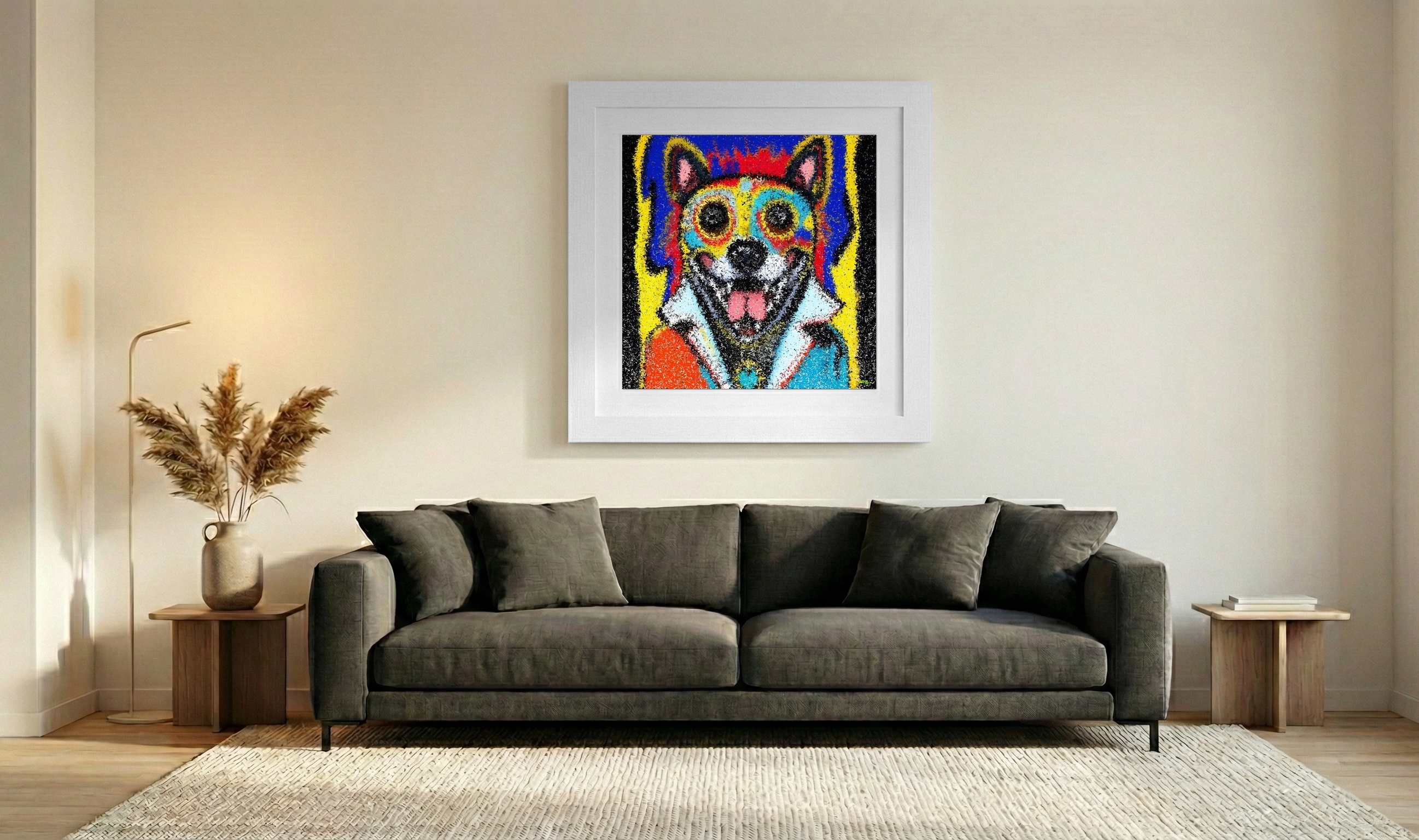 Vibrant Dog Digital Artwork — art on the wall, room interior preview 3
