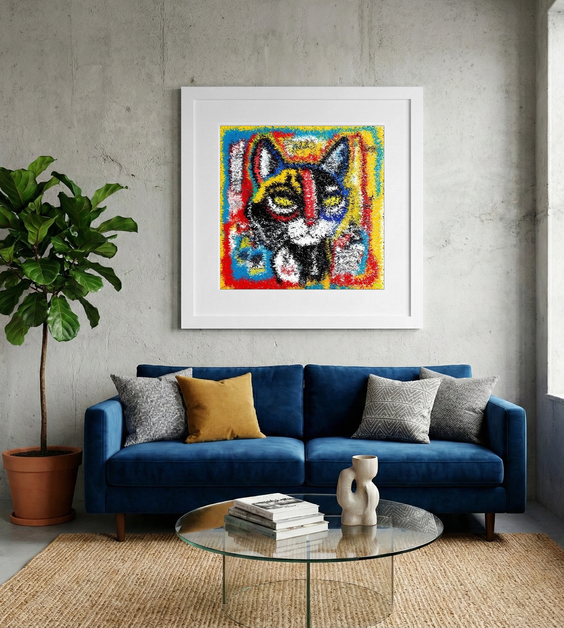 Playful Cat in Colorful Digital Art — art on the wall, room interior preview 2