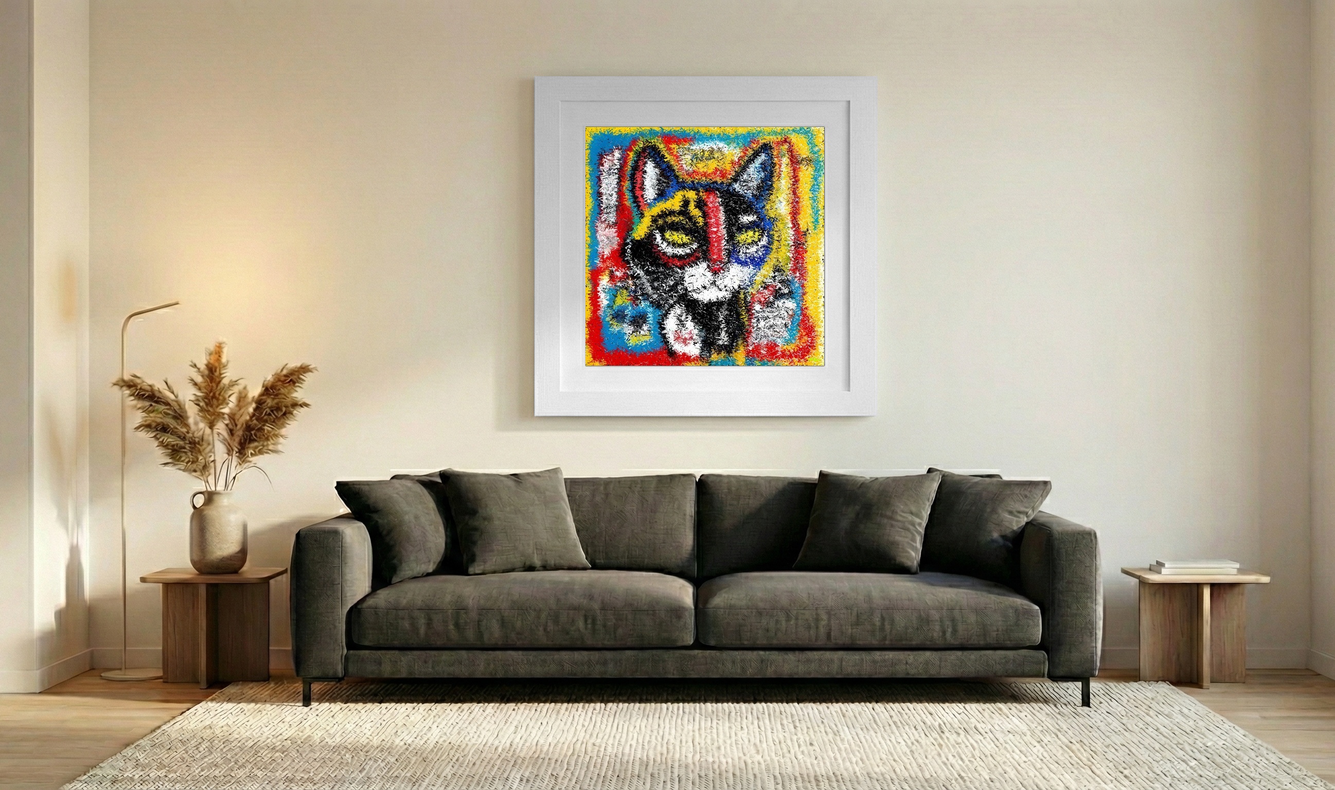 Playful Cat in Colorful Digital Art — art on the wall, room interior preview 3