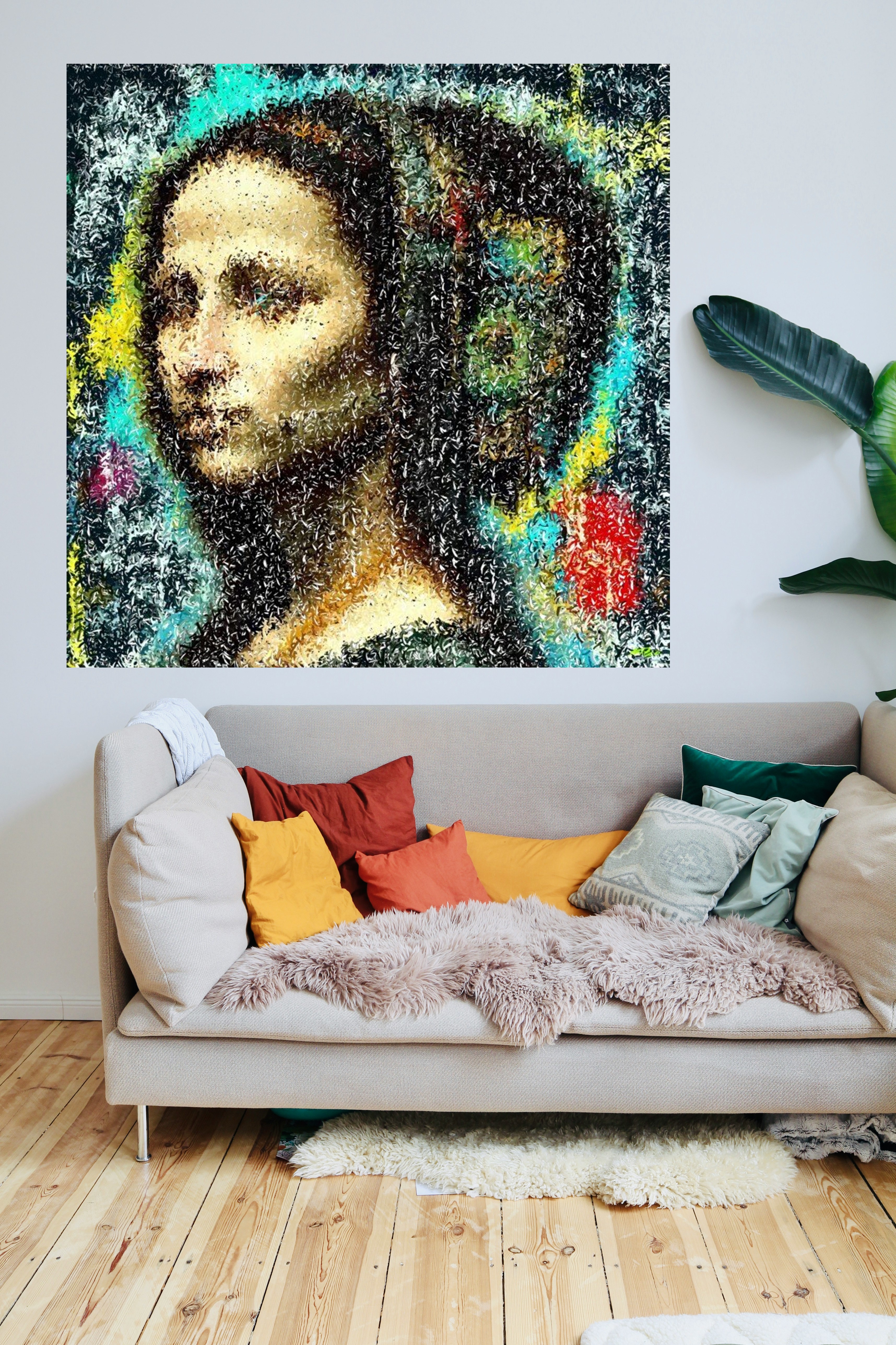 Ochre and Teal Abstract Portrait — art on the wall, room interior preview 1