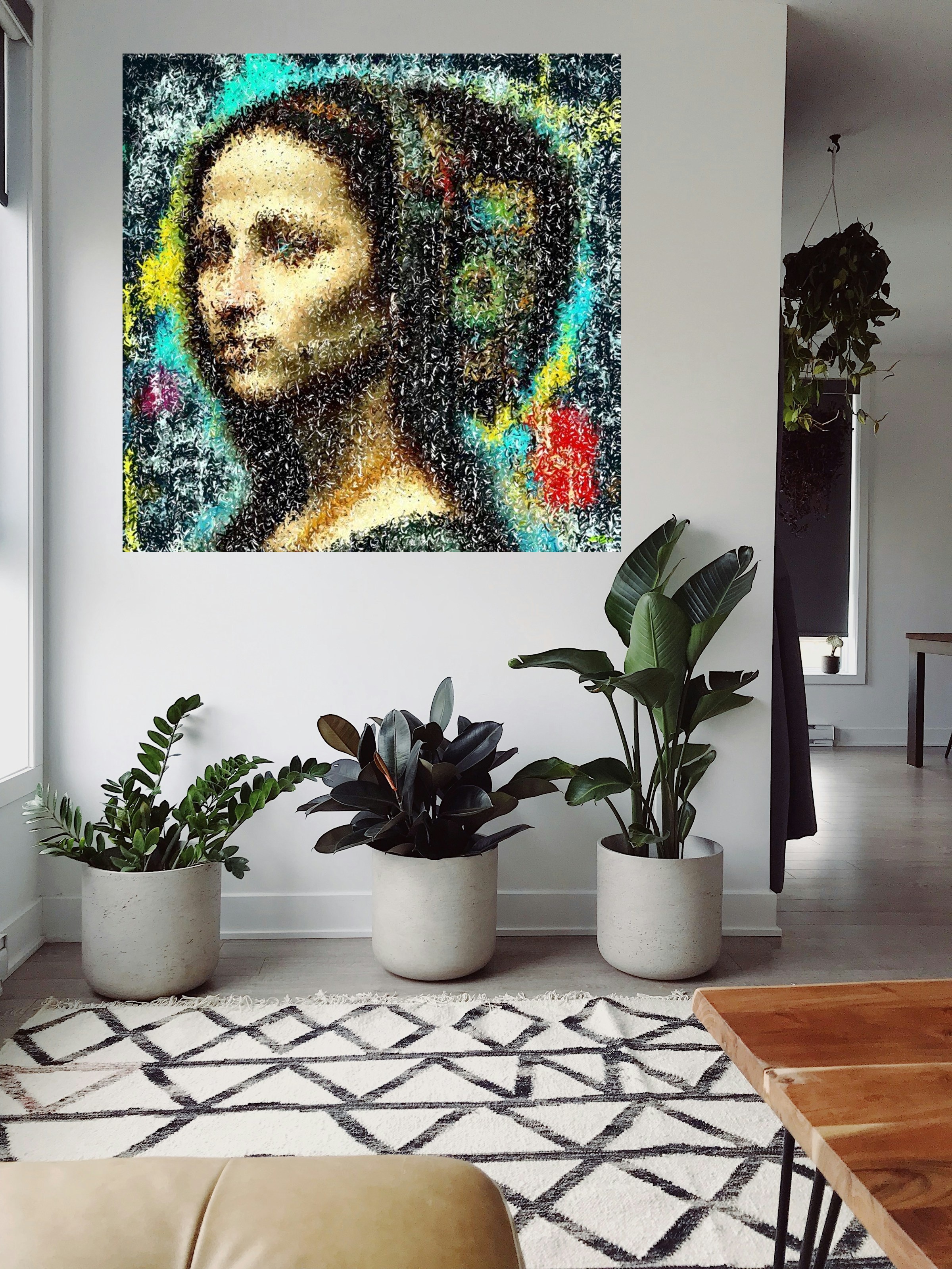 Ochre and Teal Abstract Portrait — art on the wall, room interior preview 2