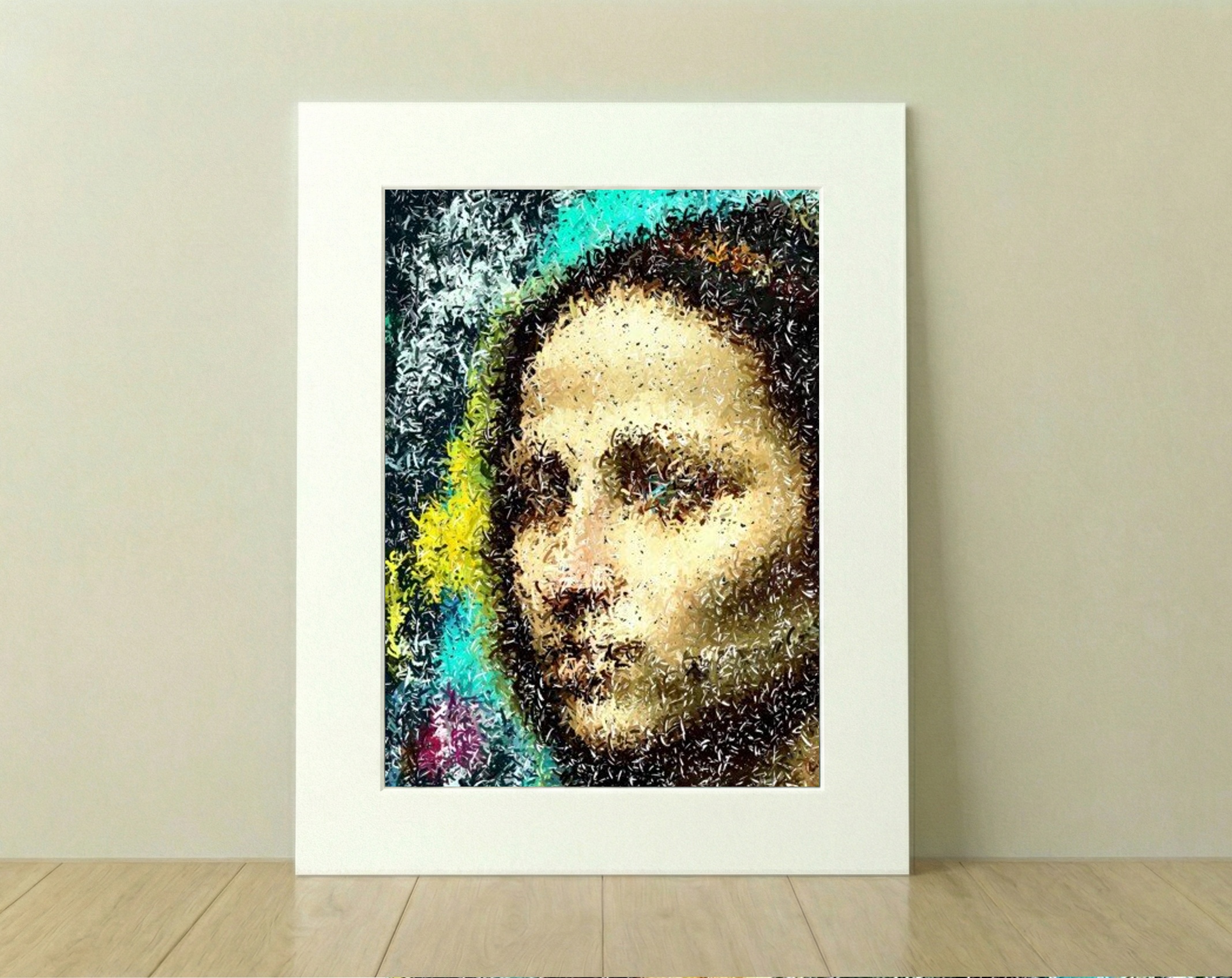 Ochre and Teal Abstract Portrait — art on the wall, room interior preview 3