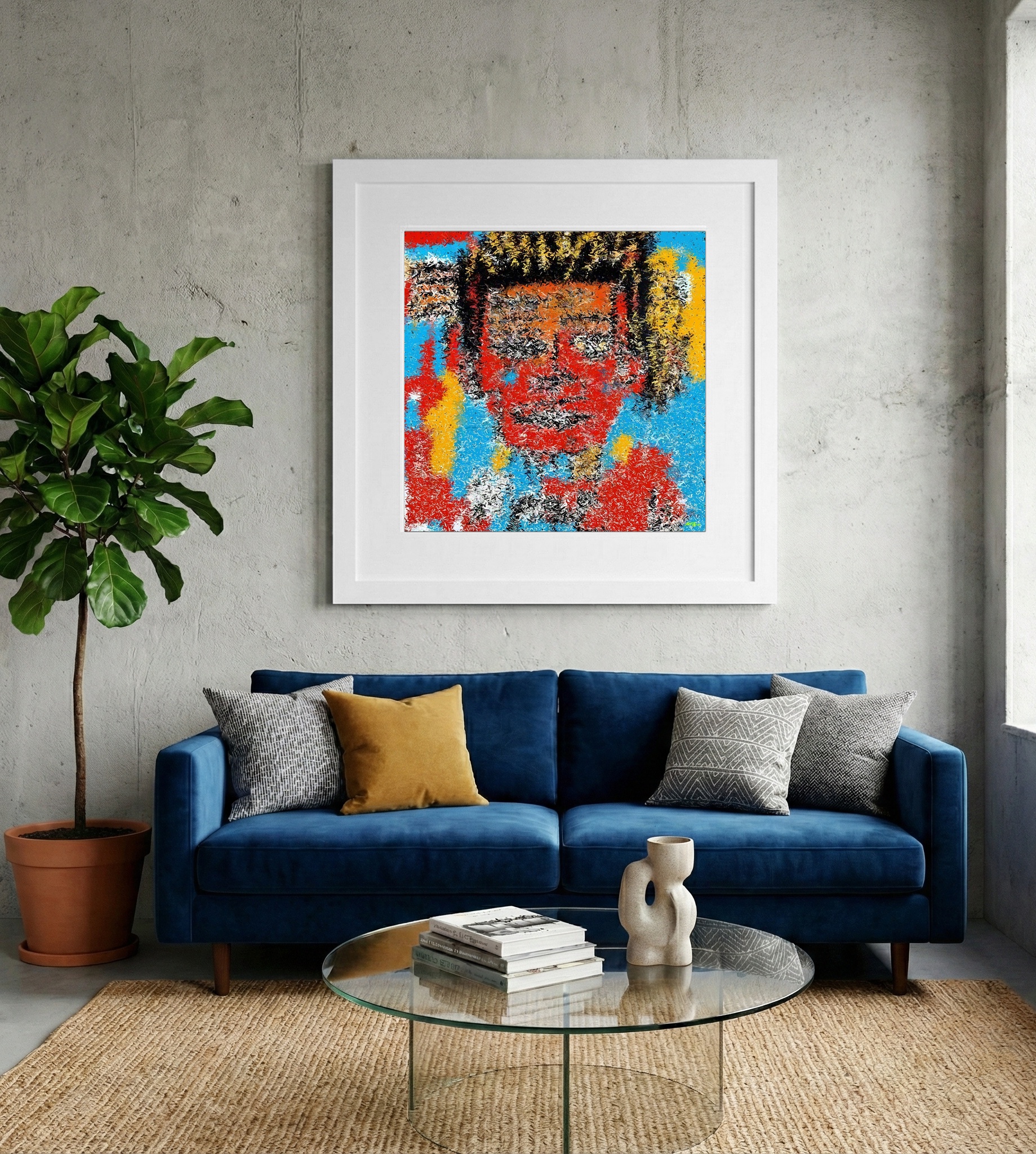 Fiery Red and Blue Abstract Digital Portrait — art on the wall, room interior preview 2