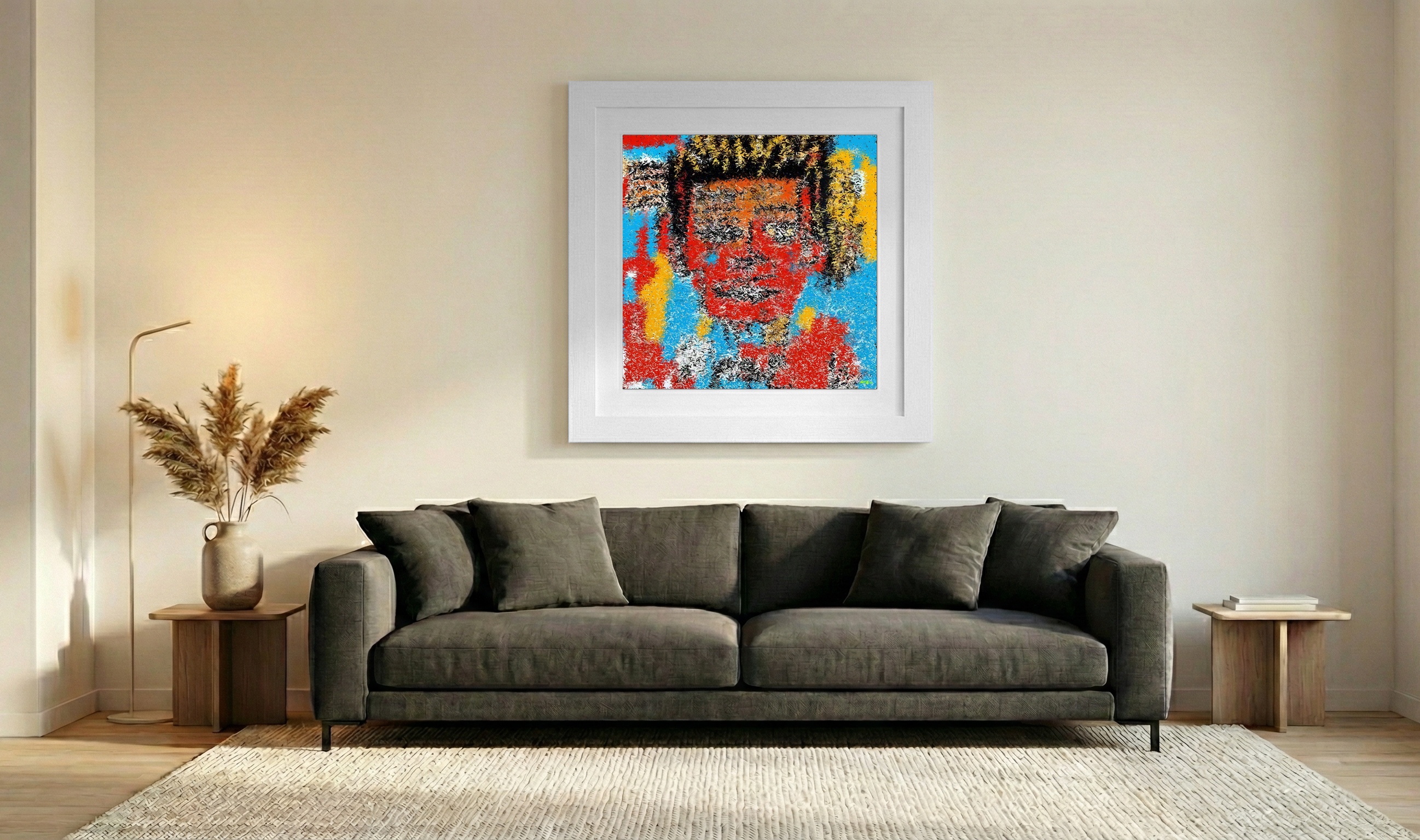 Fiery Red and Blue Abstract Digital Portrait — art on the wall, room interior preview 3