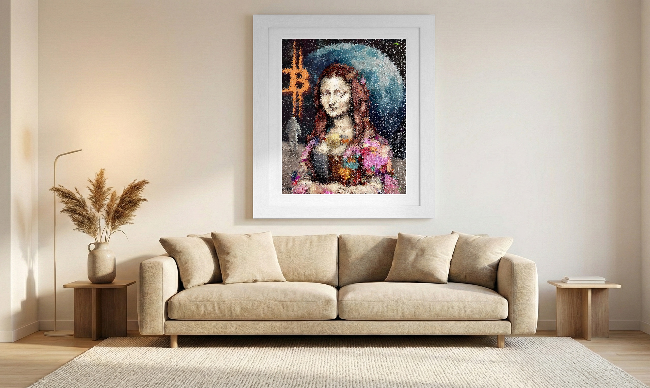 Pixelated Orange and Pastel Mona Lisa — art on the wall, room interior preview 1