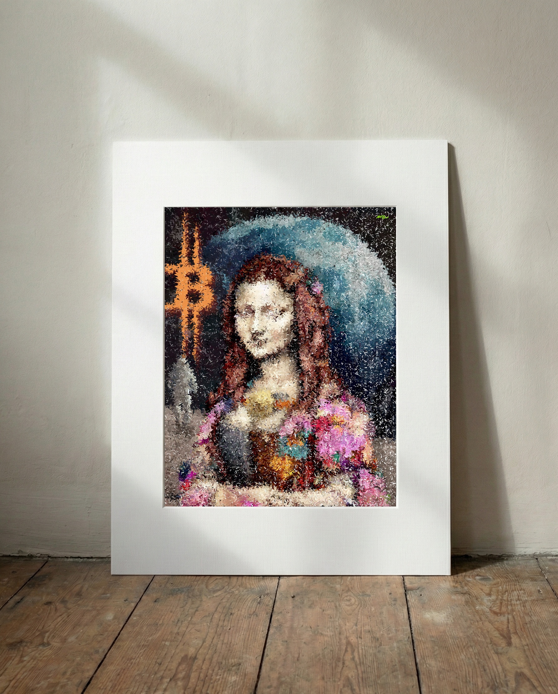 Pixelated Orange and Pastel Mona Lisa — art on the wall, room interior preview 3