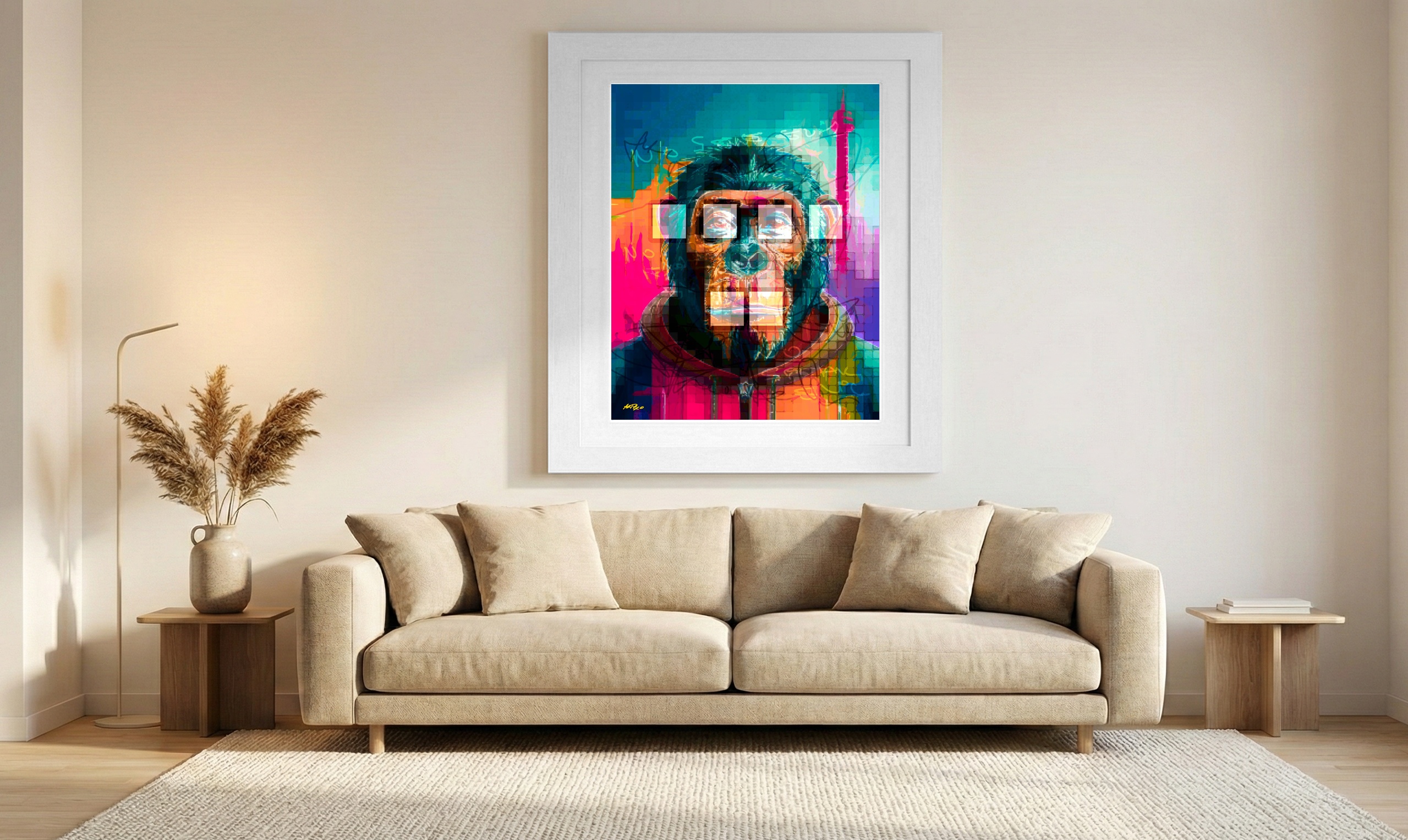Vivid Blue and Orange Ape Digital Art — art on the wall, room interior preview 1