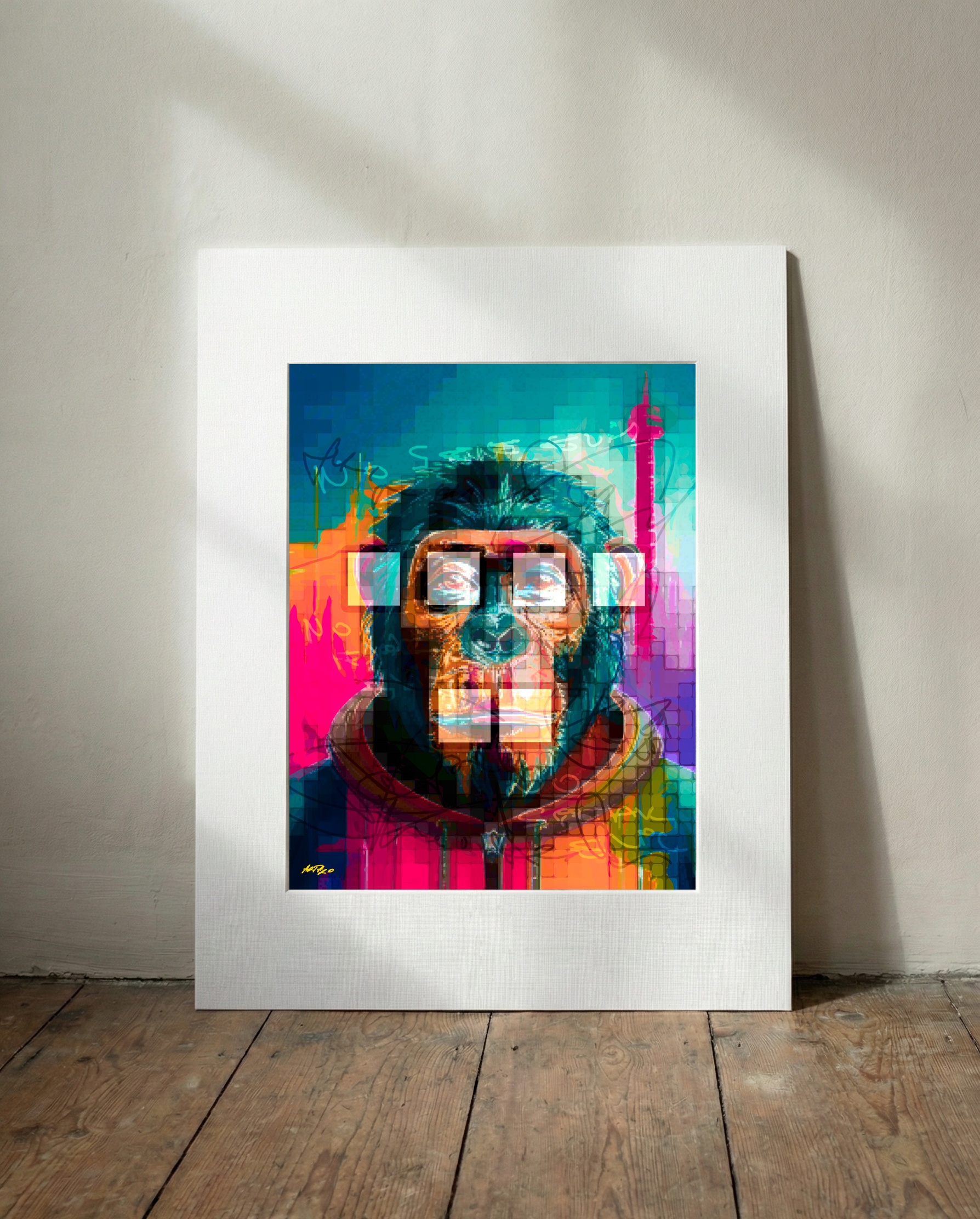 Vivid Blue and Orange Ape Digital Art — art on the wall, room interior preview 3