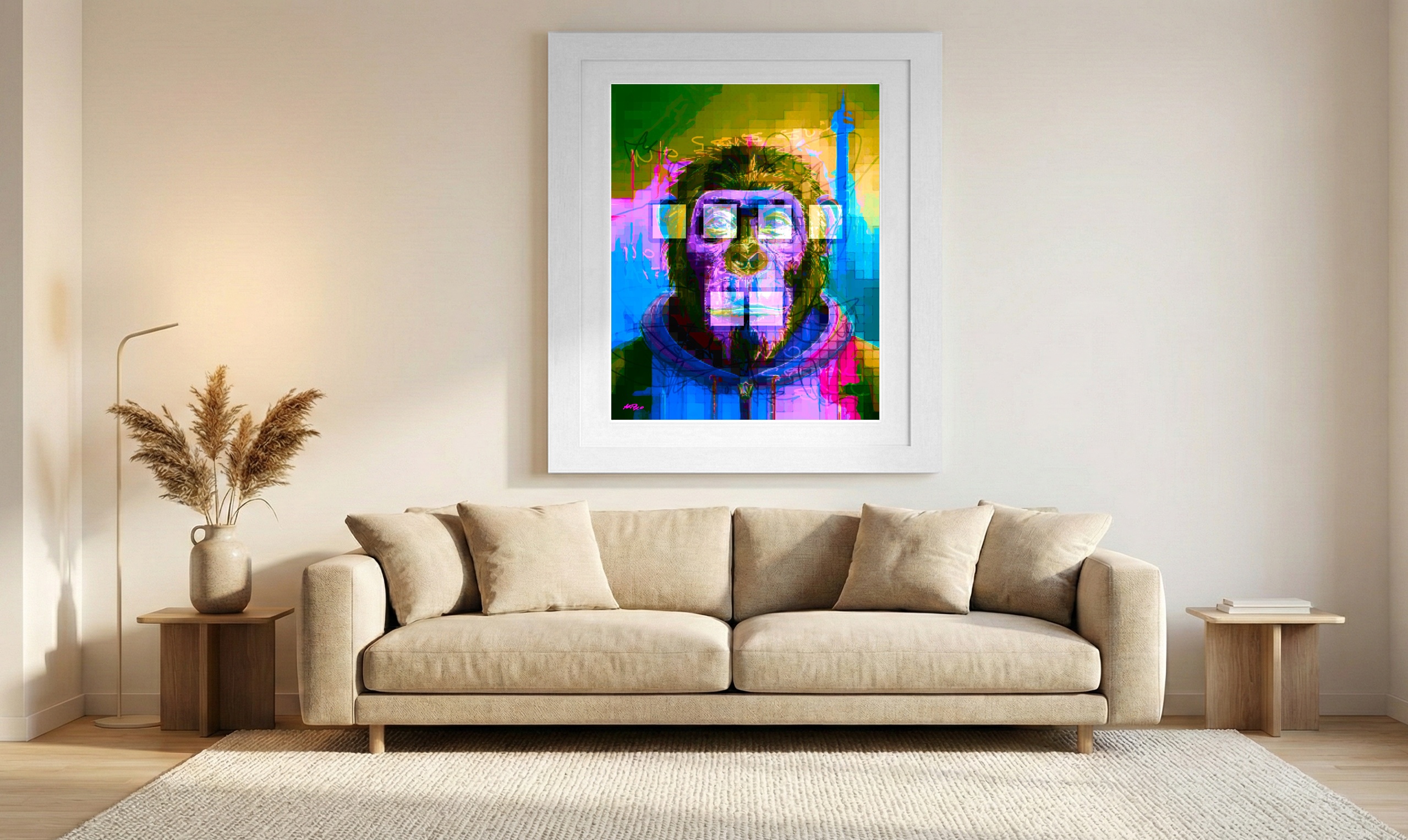 Neon Blue and Pink Ape Astronaut — art on the wall, room interior preview 1