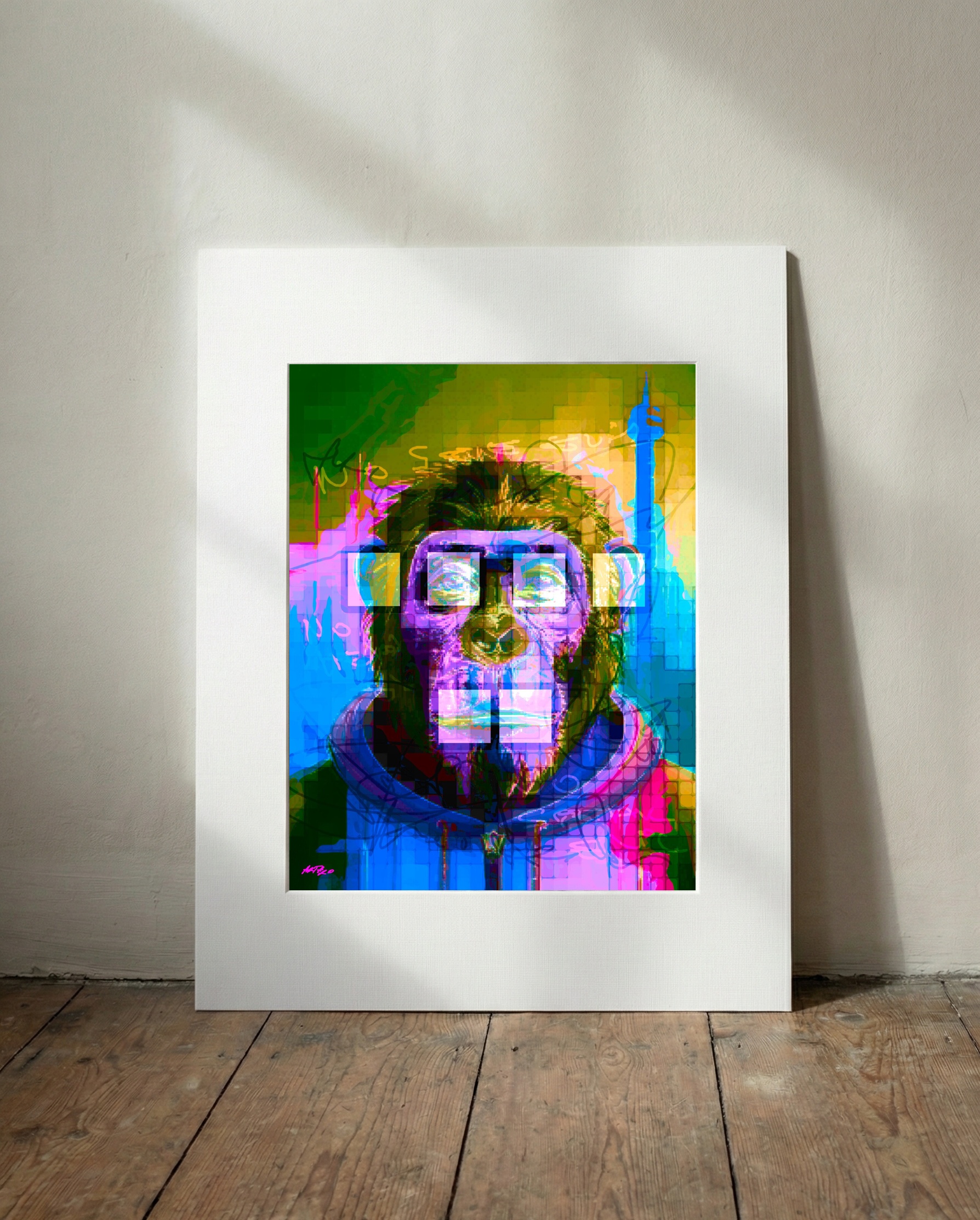 Neon Blue and Pink Ape Astronaut — art on the wall, room interior preview 3