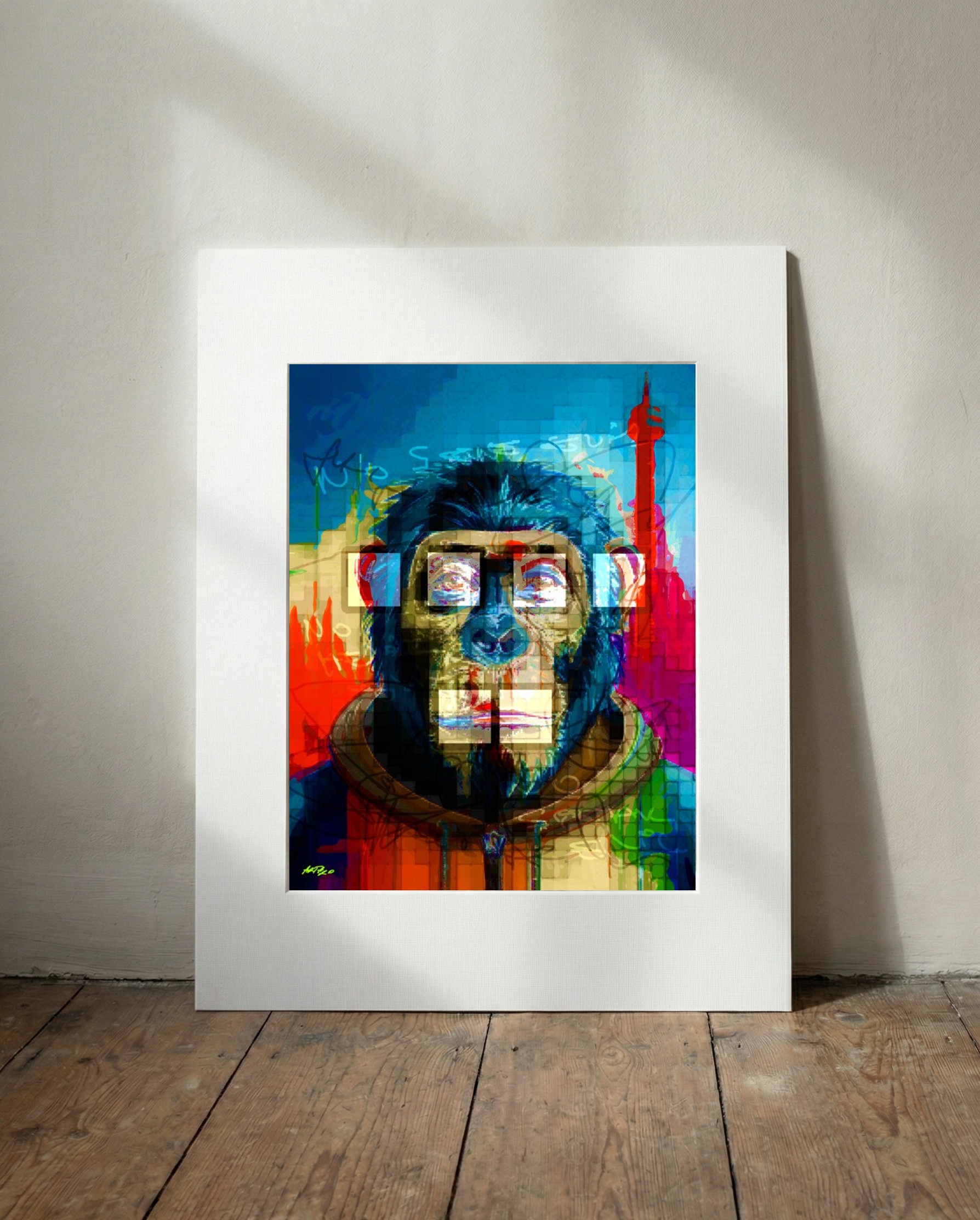 Bright Blue and Orange Stylized Ape — art on the wall, room interior preview 3