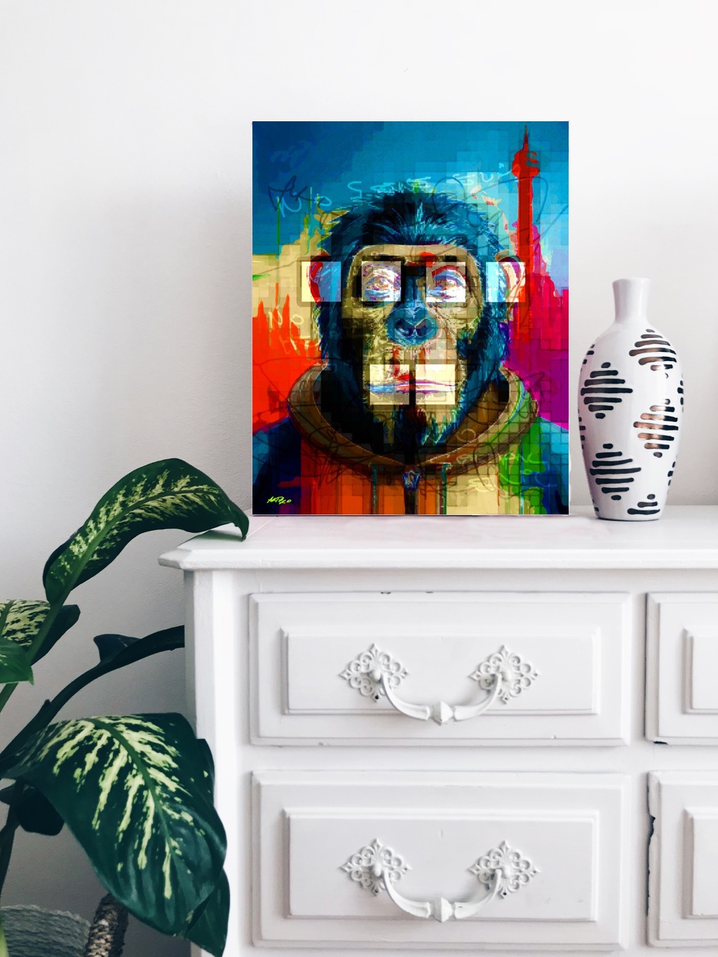 Bright Blue and Orange Stylized Ape — art on the wall, room interior preview 2